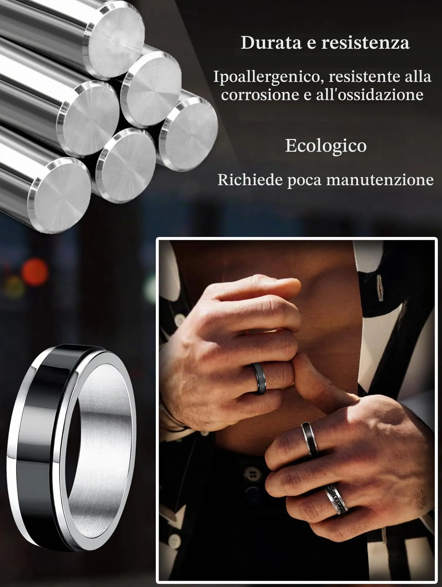 Milacolato Set di 8 Anelli Uomo in Acciaio Inossidabile Vintage Catena - immagine 4