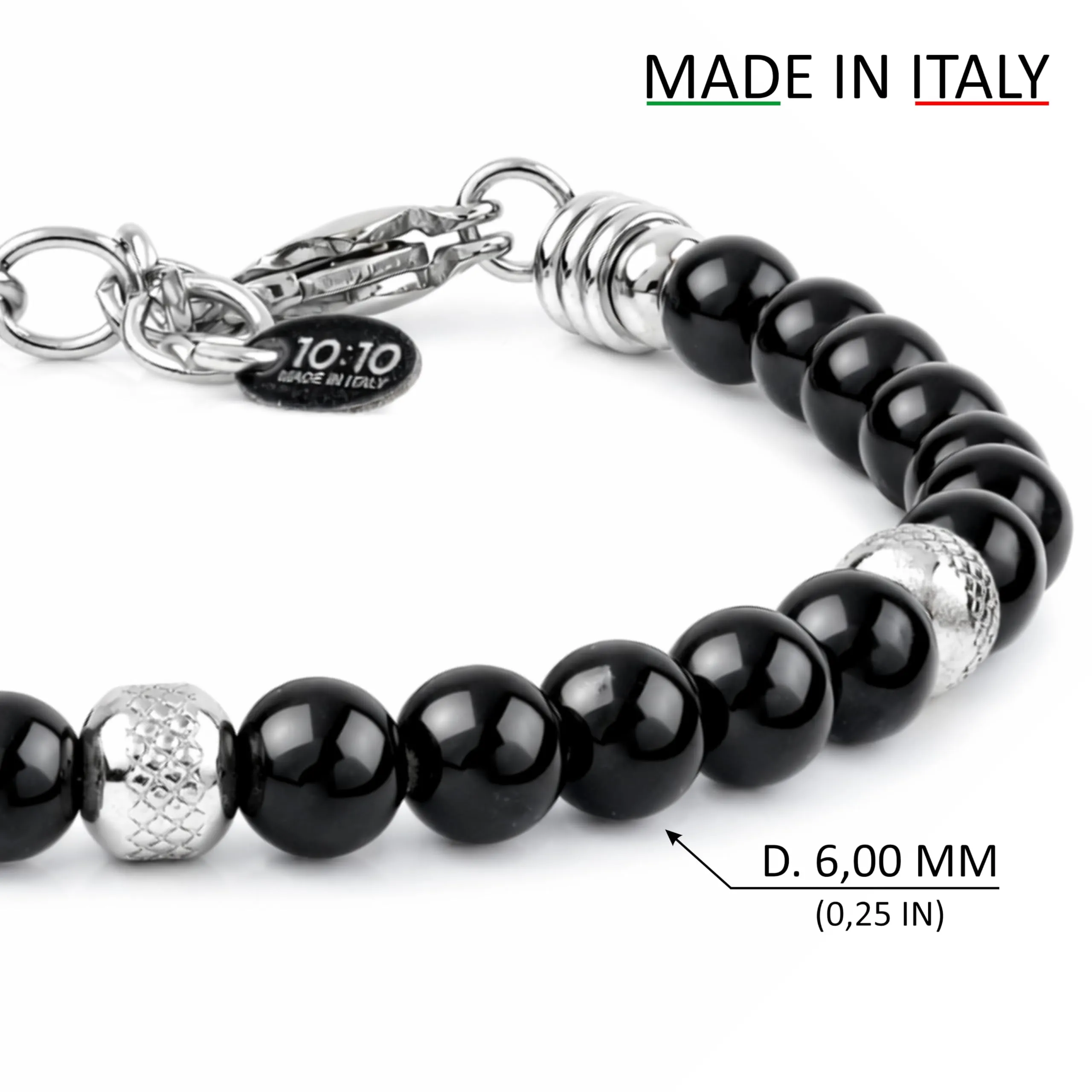 10:10 Bracciale Uomo Donna Tormalina Nera Naturale 6 mm e Acciaio Inox, Regolabile, Made in Italy - immagine 2