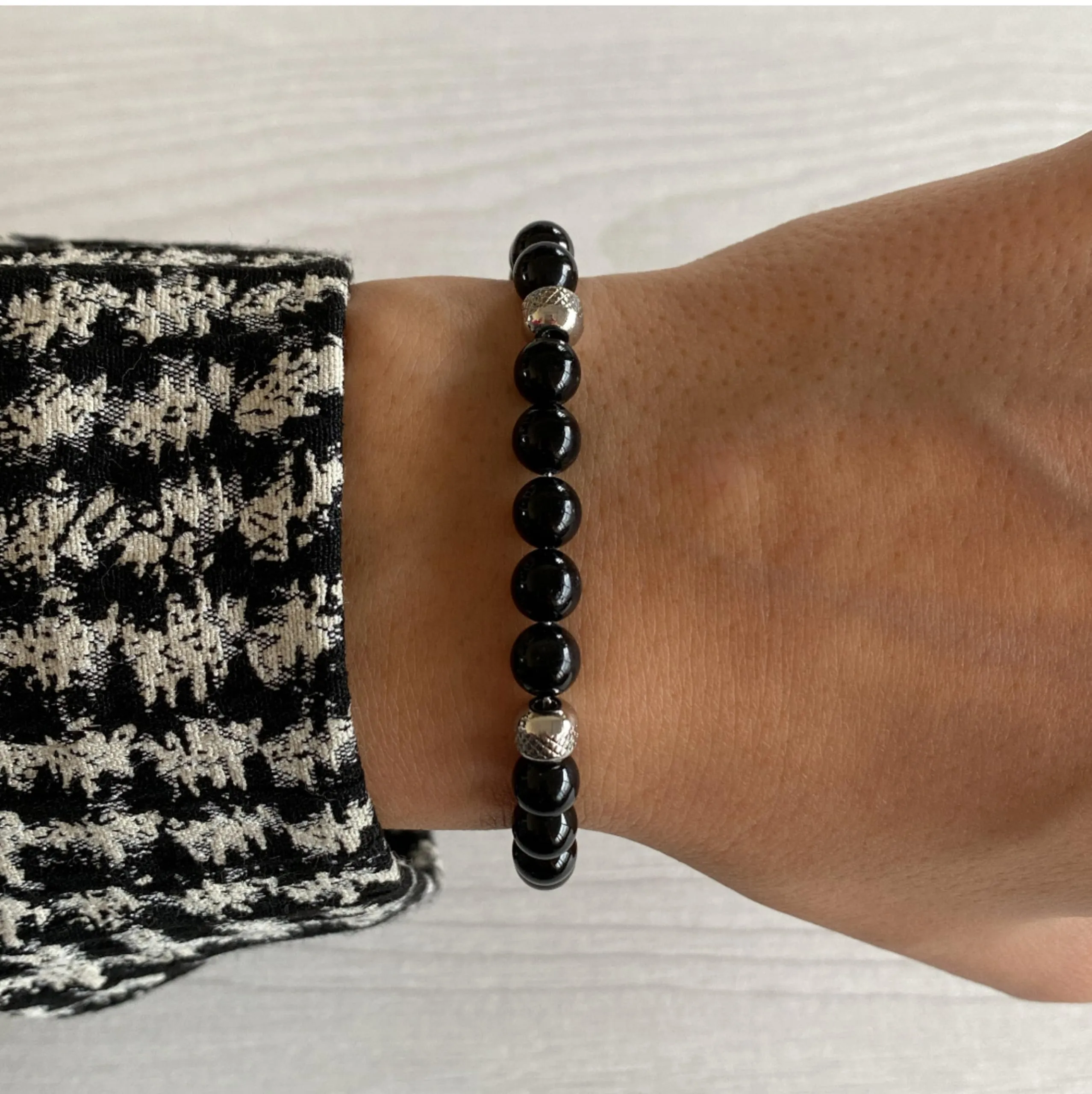 10:10 Bracciale Uomo Donna Tormalina Nera Naturale 6 mm e Acciaio Inox, Regolabile, Made in Italy - immagine 5