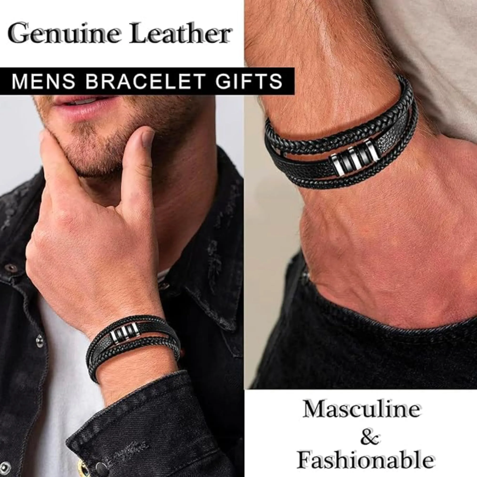 Mandarinmelon Bracciale in Vera Pelle Intrecciata da Uomo con Chiusura Magnetica in Acciaio Inox, Nero - immagine 2