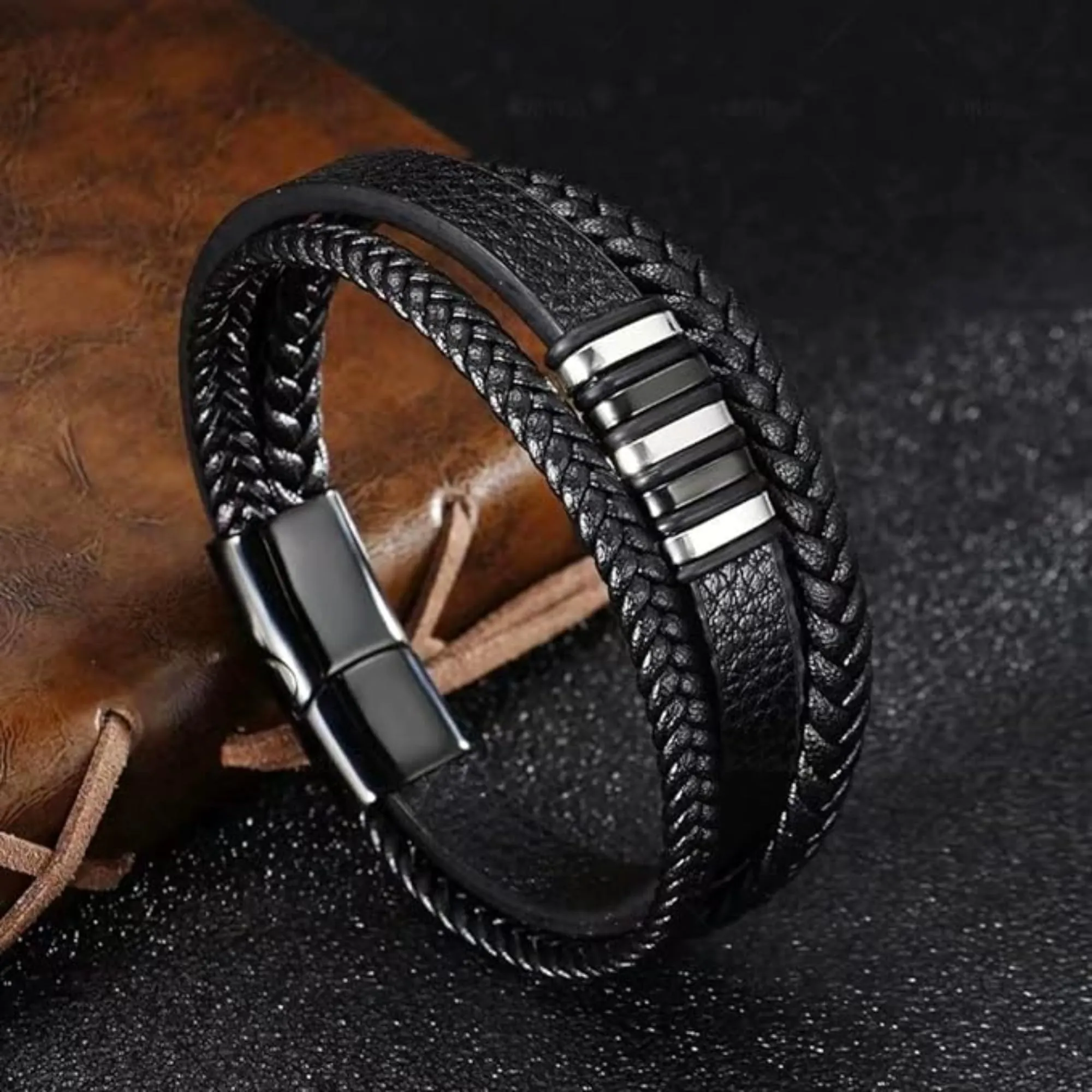 Mandarinmelon Bracciale in Vera Pelle Intrecciata da Uomo con Chiusura Magnetica in Acciaio Inox, Nero - immagine 3