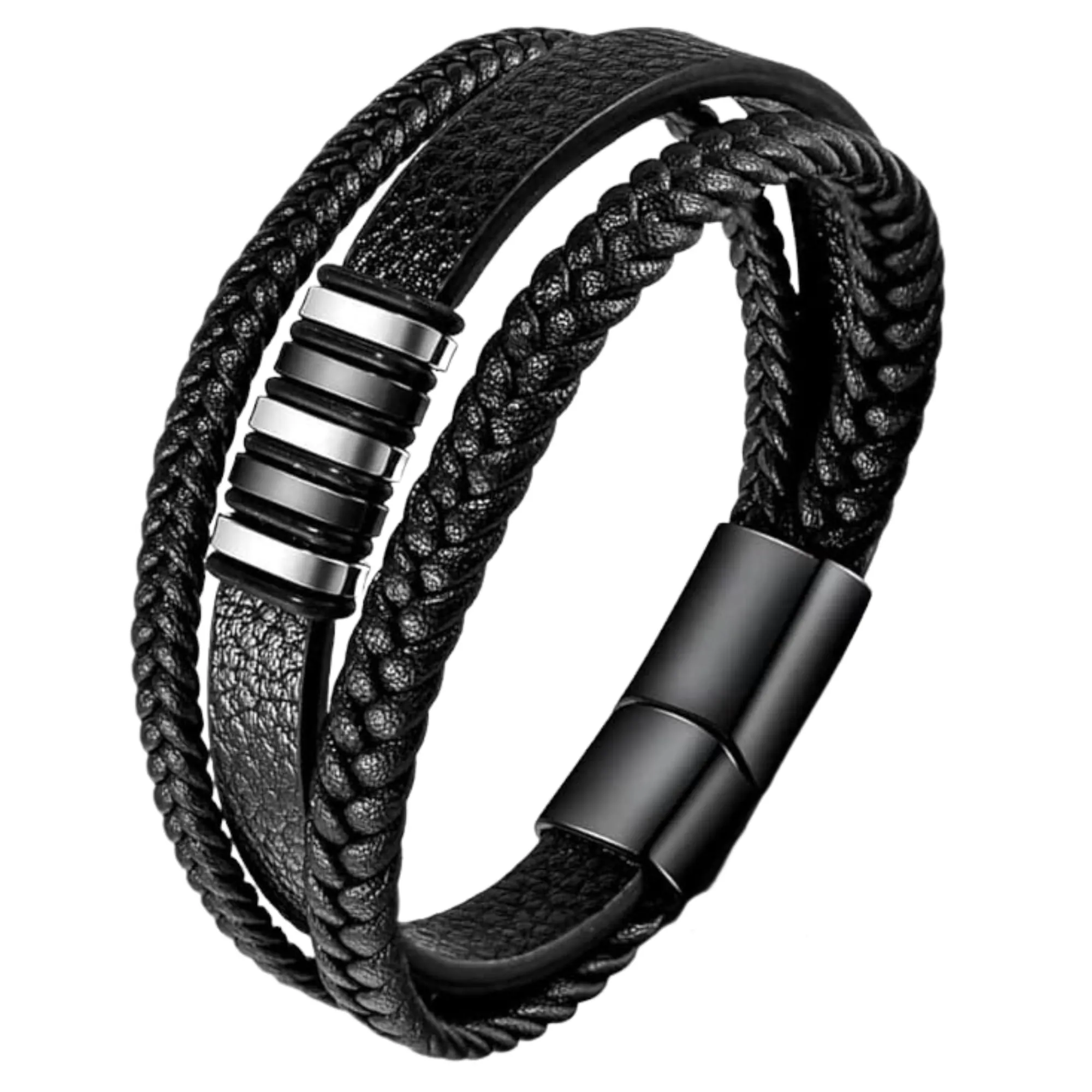 Mandarinmelon Bracciale in Vera Pelle Intrecciata da Uomo con Chiusura Magnetica in Acciaio Inox, Nero - immagine 7