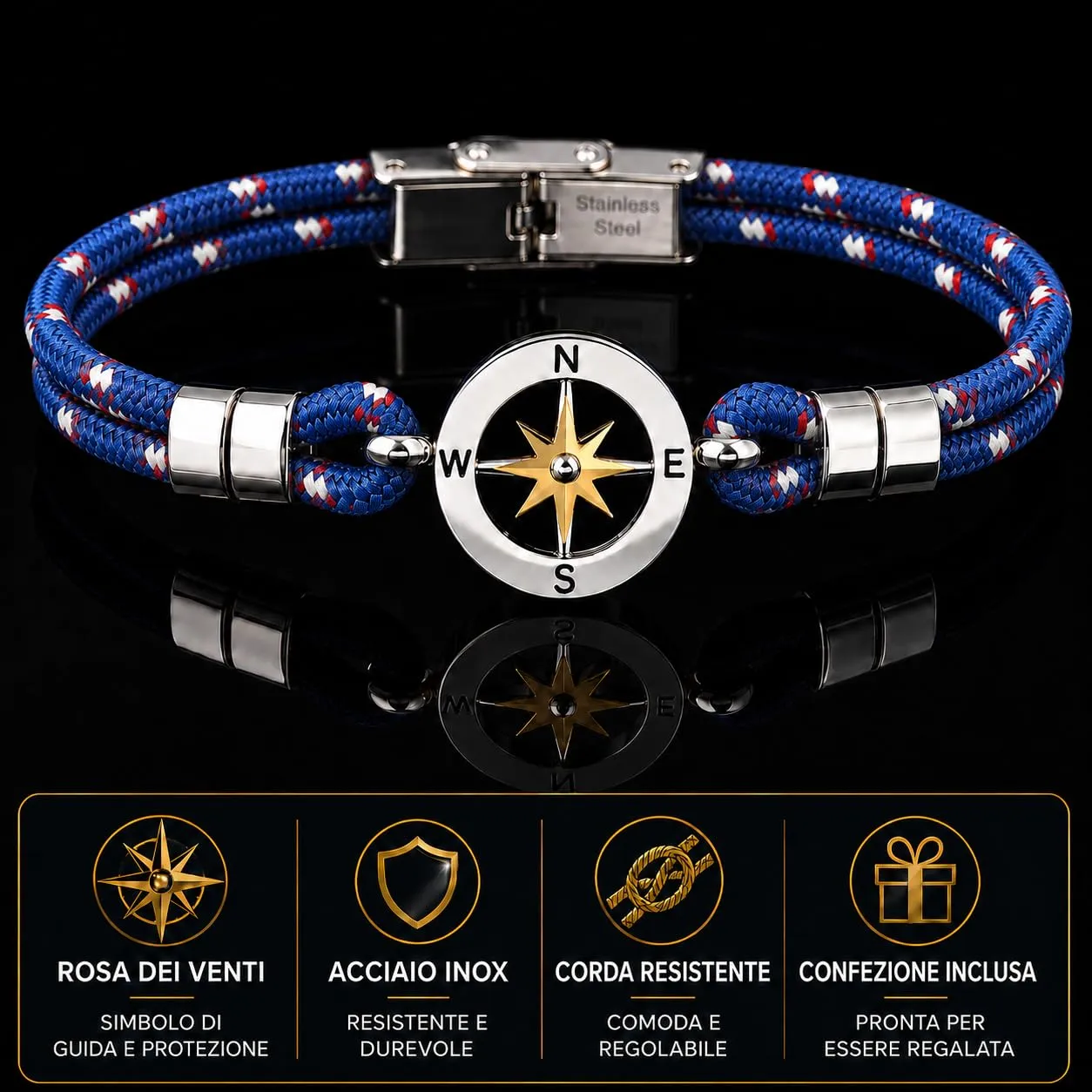 SAGA GIOIELLI Bracciale Uomo Rosa Dei Venti Moda Nautica Acciaio (Blu-Bianco) - immagine 3