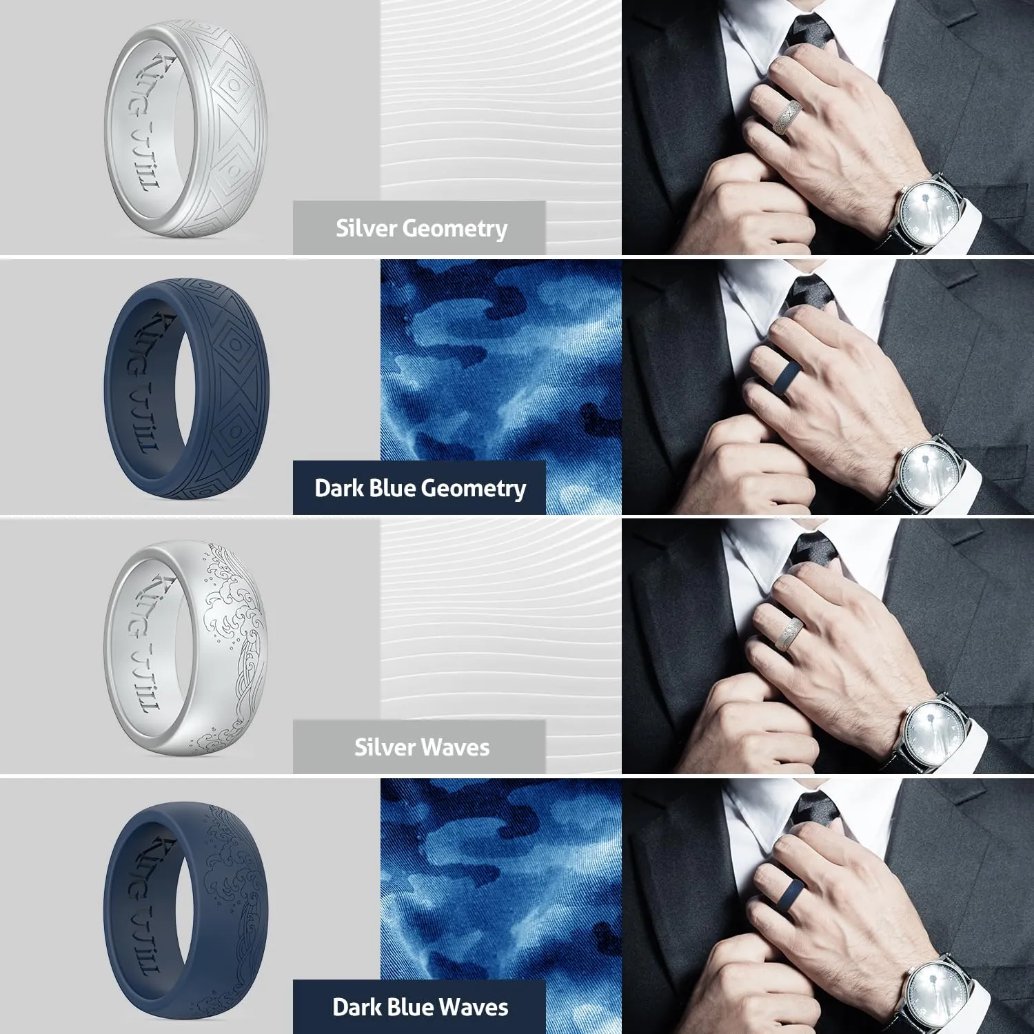 King Will Anelli da uomo in silicone traspirante, 8 mm, design a onde, 4 pezzi, Argento/Blu scuro/Grigio, misura 56.9 (18.1) - immagine 2