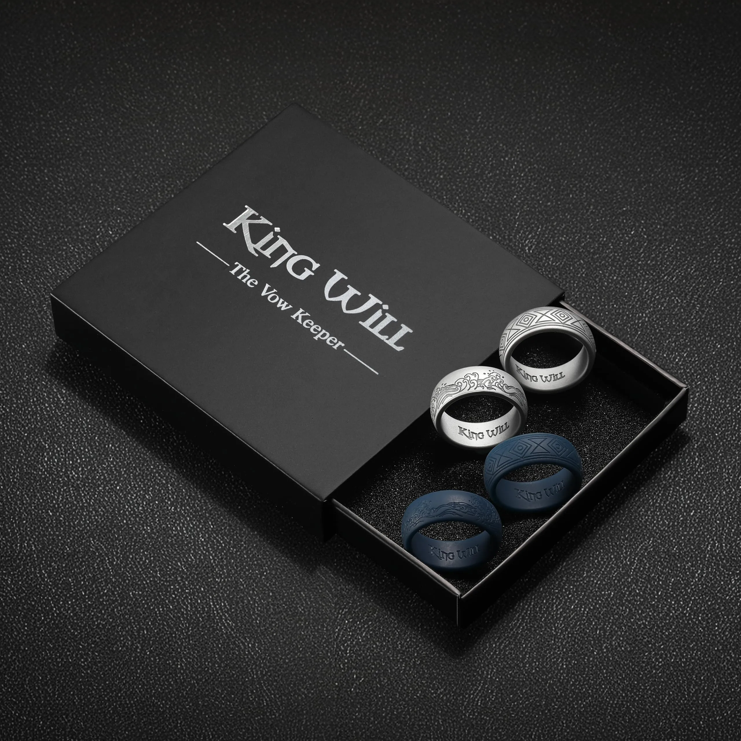 King Will Anello da uomo in silicone traspirante, 8 mm, design a onde, 4 pezzi, argento/blu scuro/grigio, misura 59.4 (18.9) - immagine 7