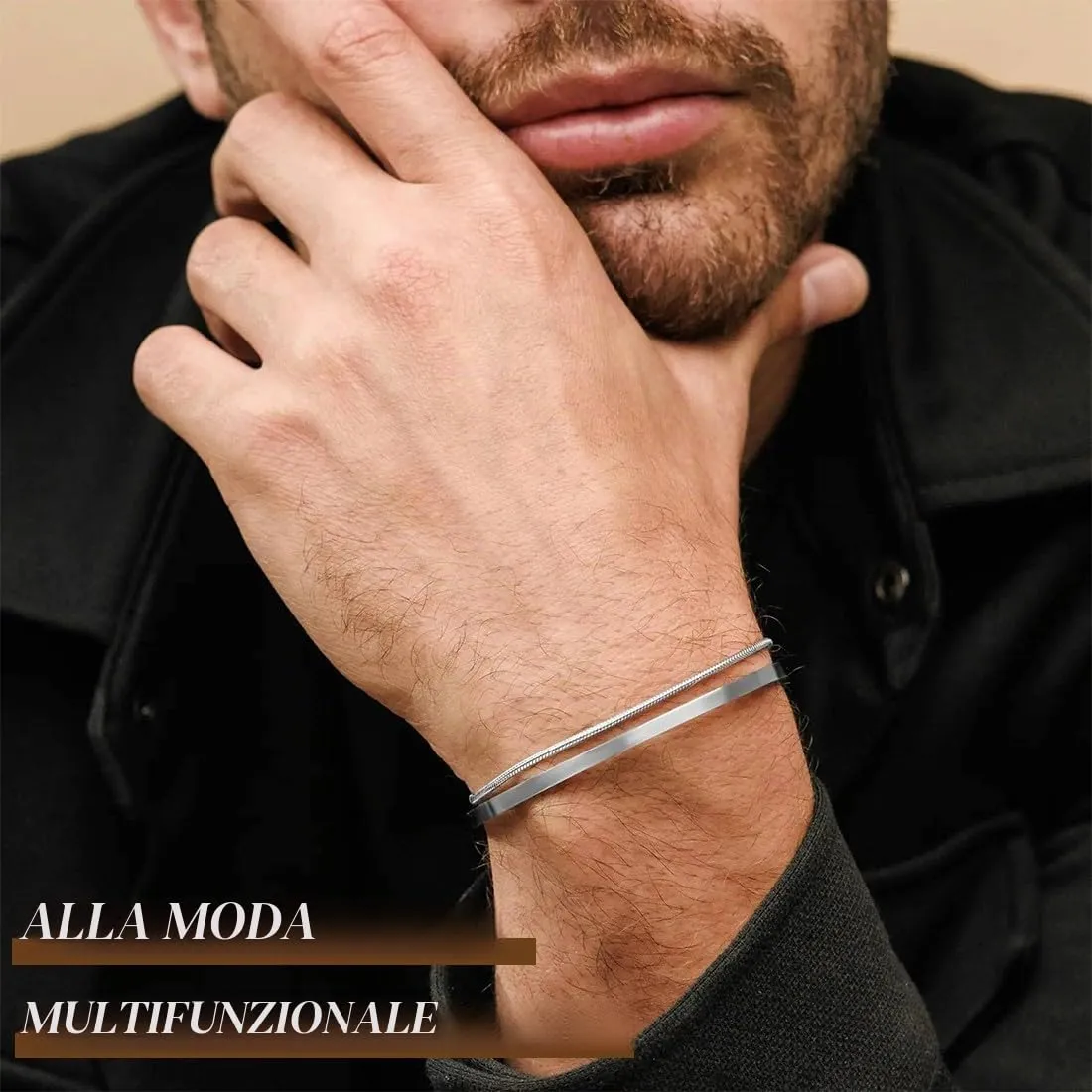 COYUN Set di 2 Bracciali da Uomo in Acciaio Inossidabile Argento - immagine 2