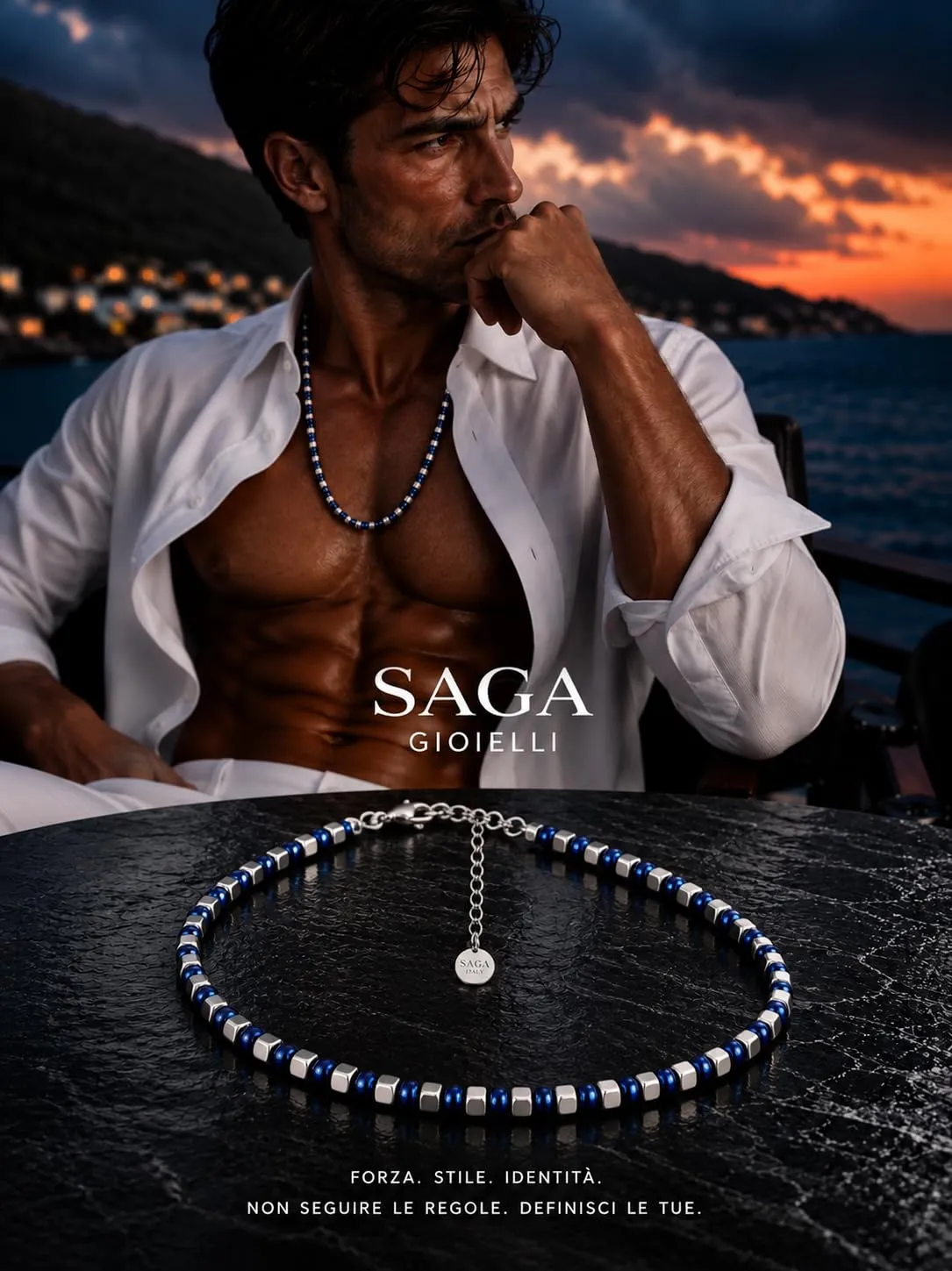SAGA GIOIELLI Collana Bracciale Uomo in Acciaio Inossidabile Regolabile Blu-Argento - immagine 2