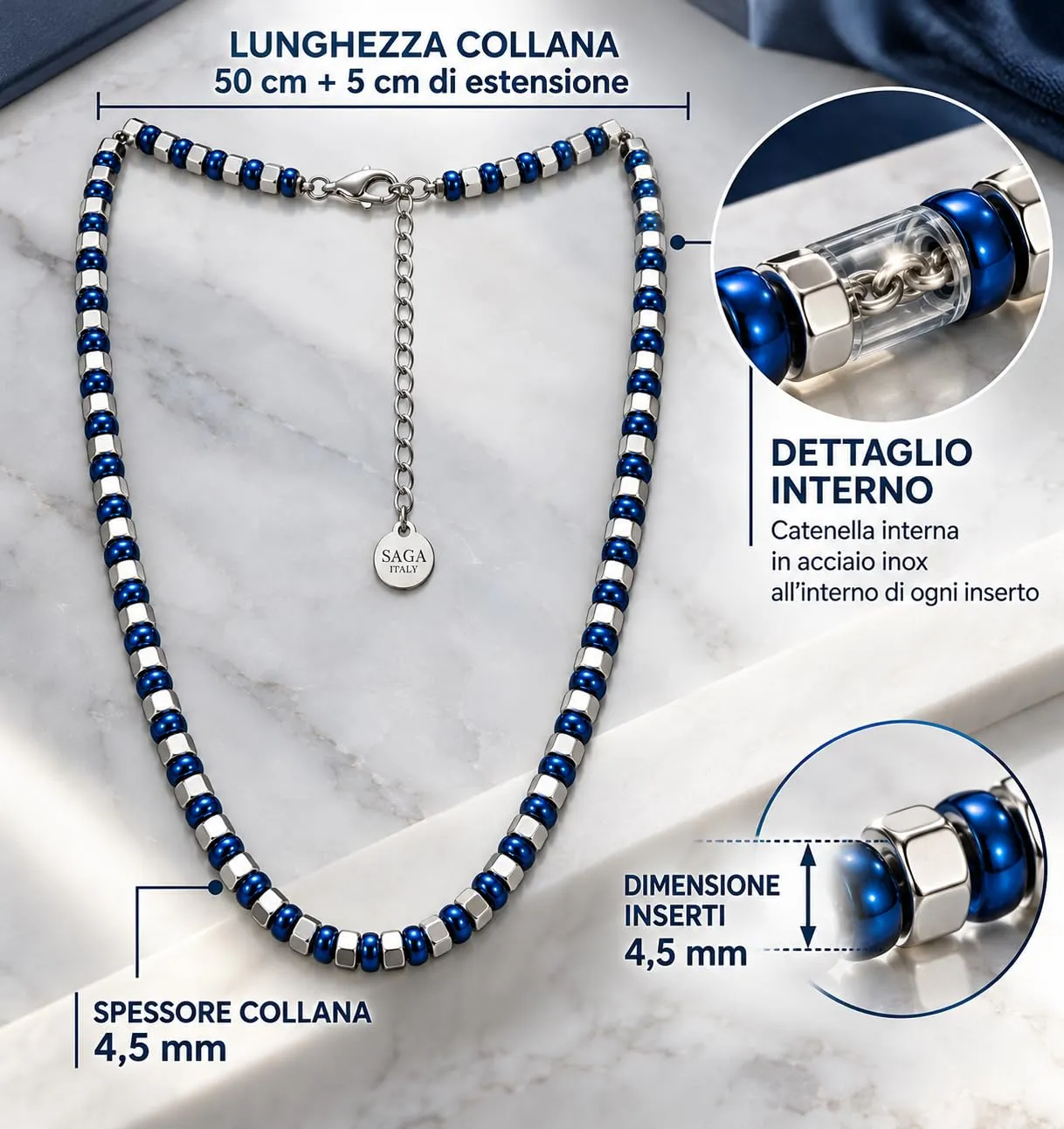 SAGA GIOIELLI Collana Bracciale Uomo in Acciaio Inossidabile Regolabile Blu-Argento - immagine 3