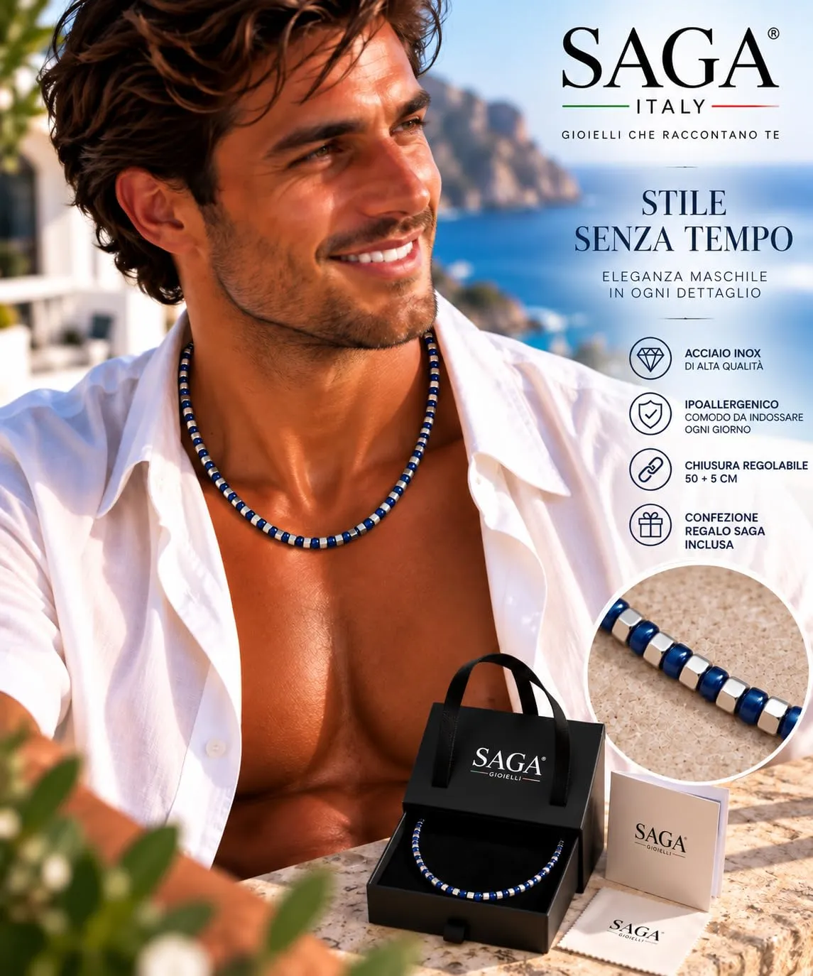 SAGA GIOIELLI Collana Bracciale Uomo in Acciaio Inossidabile Regolabile Blu-Argento - immagine 4