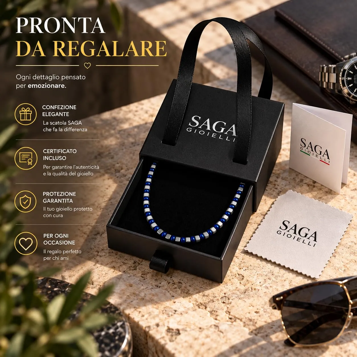 SAGA GIOIELLI Collana Bracciale Uomo in Acciaio Inossidabile Regolabile Blu-Argento - immagine 5