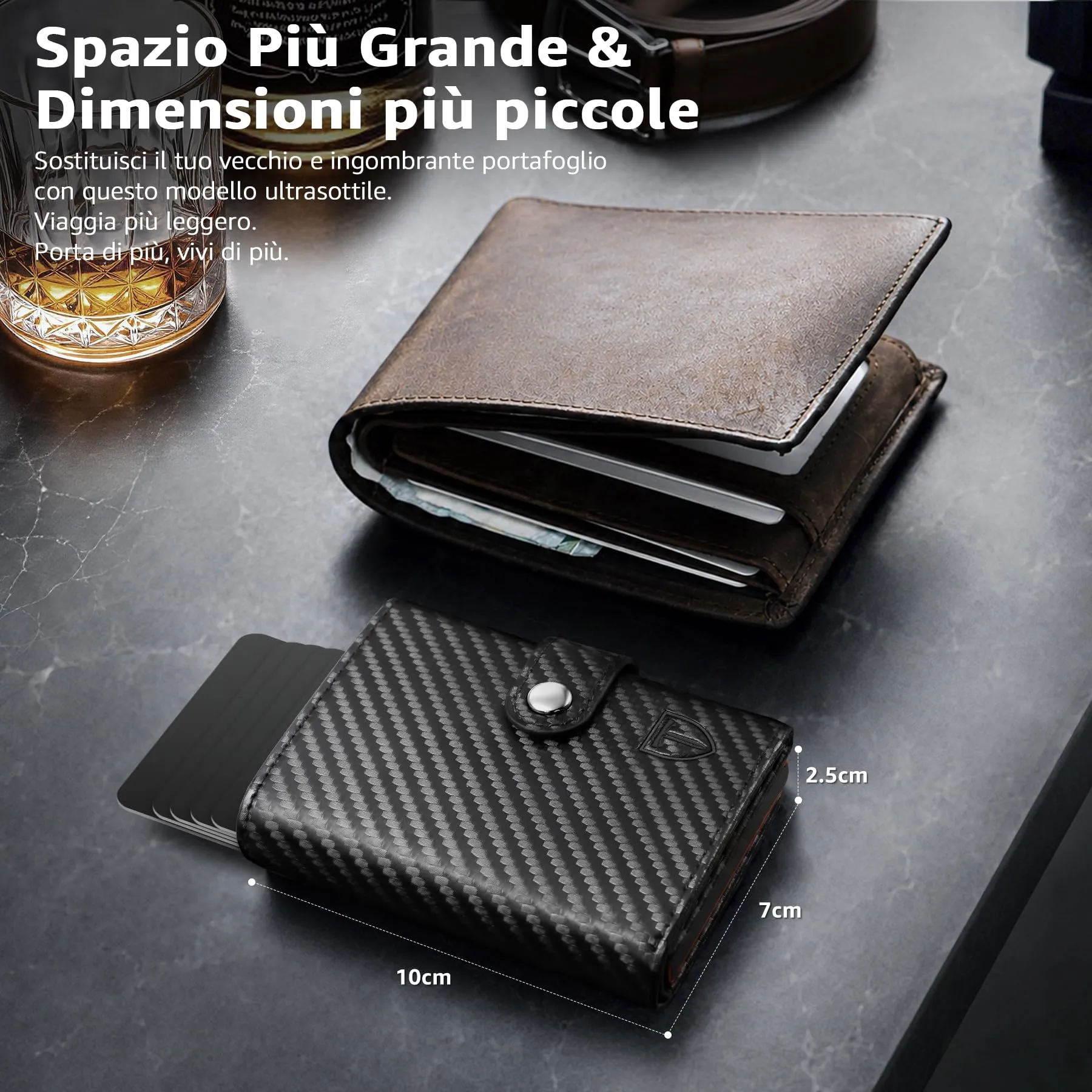 TENBST Portafoglio Uomo in Pelle Sintetica Fibra di Carbonio con Protezione RFID e Meccanismo Pop-up, Nero/Arancione Esclusivo - immagine 4