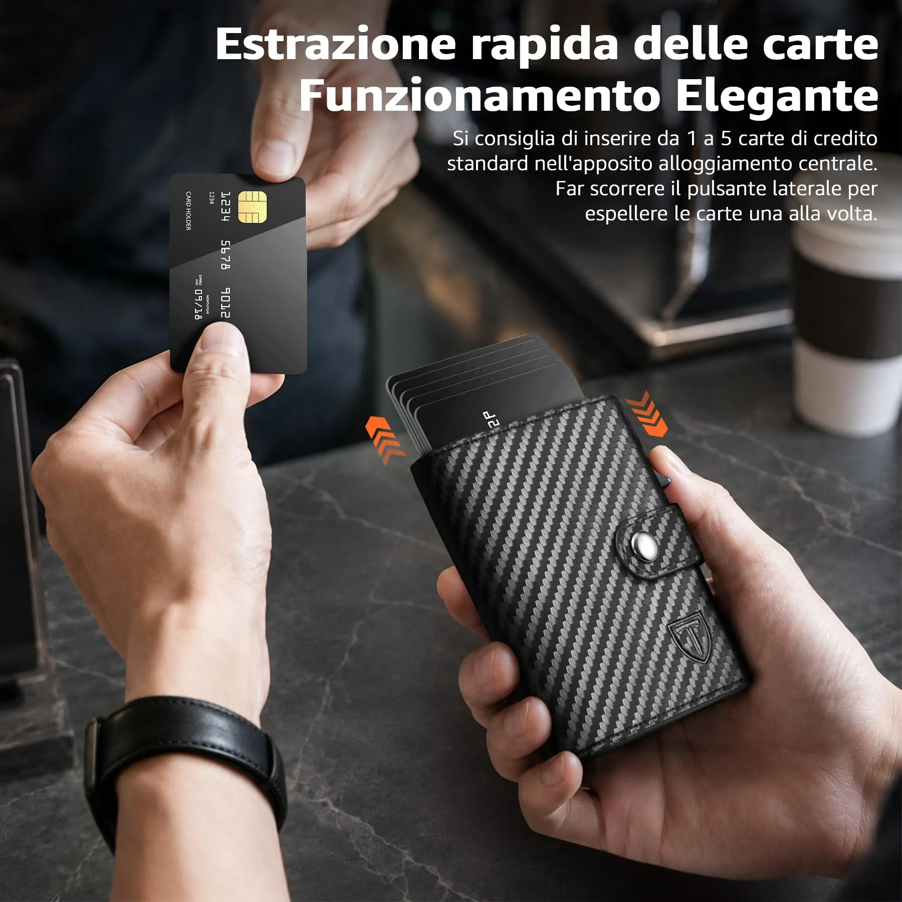 TENBST Portafoglio Uomo in Pelle Sintetica Fibra di Carbonio con Protezione RFID e Meccanismo Pop-up, Nero/Arancione Esclusivo - immagine 5