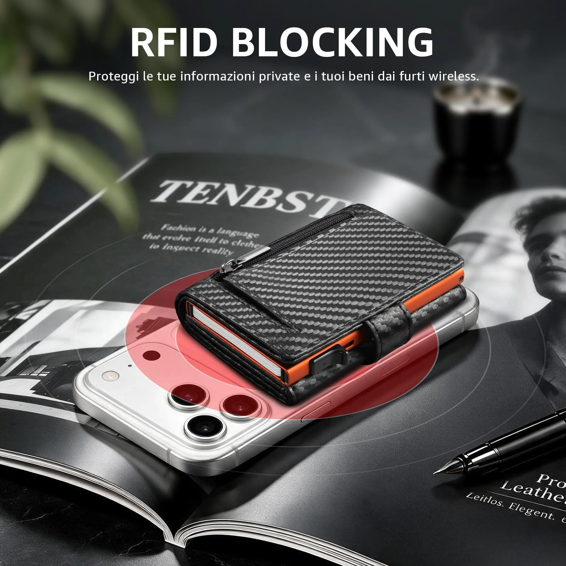 TENBST Portafoglio Uomo in Pelle Sintetica Fibra di Carbonio con Protezione RFID e Meccanismo Pop-up, Nero/Arancione Esclusivo - immagine 6