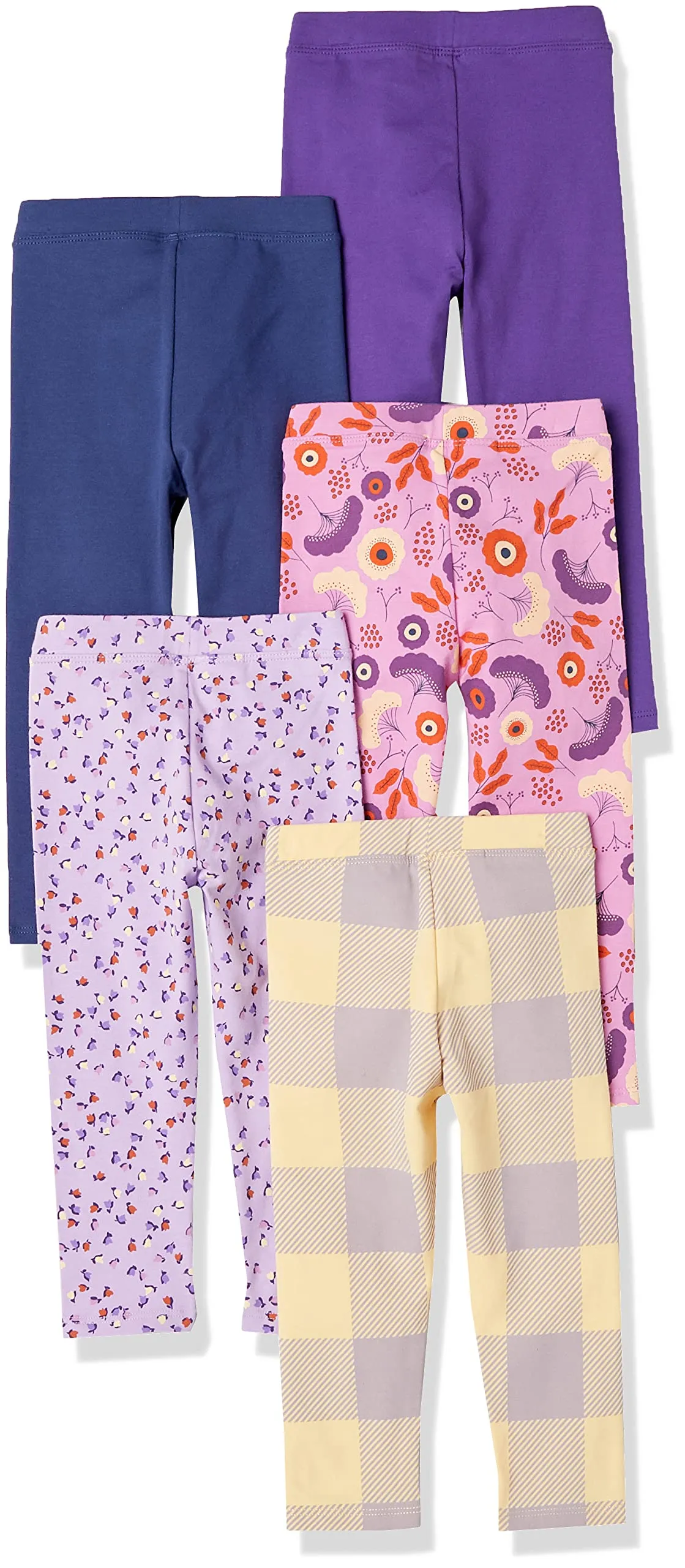 Amazon Essentials Leggings Bambine e Ragazze, Pacco da 5, Blu Scuro, Giallo Scozzese, Lilla Tulipano, Porpora, Porpora Chiaro Folk Floral, 9-10 Anni - immagine 3