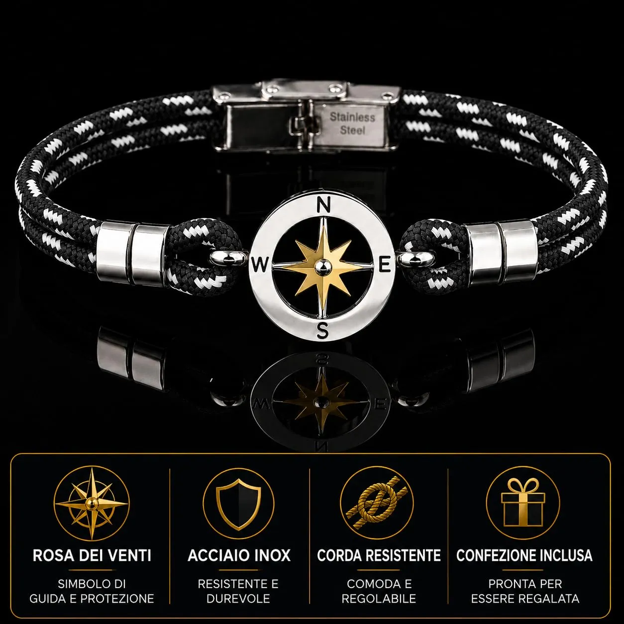 SAGA GIOIELLI Bracciale Uomo Rosa Dei Venti Moda Nautica Acciaio Nero-Bianco - immagine 3