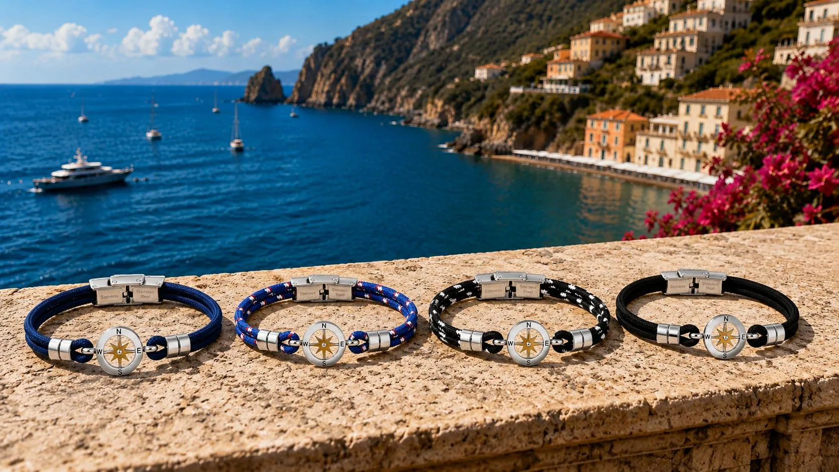 SAGA GIOIELLI Bracciale Uomo Rosa Dei Venti Moda Nautica Acciaio Nero-Bianco - immagine 4