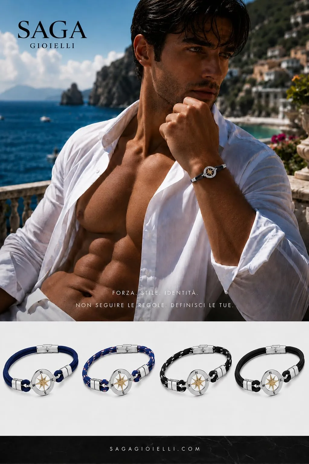 SAGA GIOIELLI Bracciale Uomo Rosa dei Venti Moda Nautica in Acciaio Nero - immagine 2