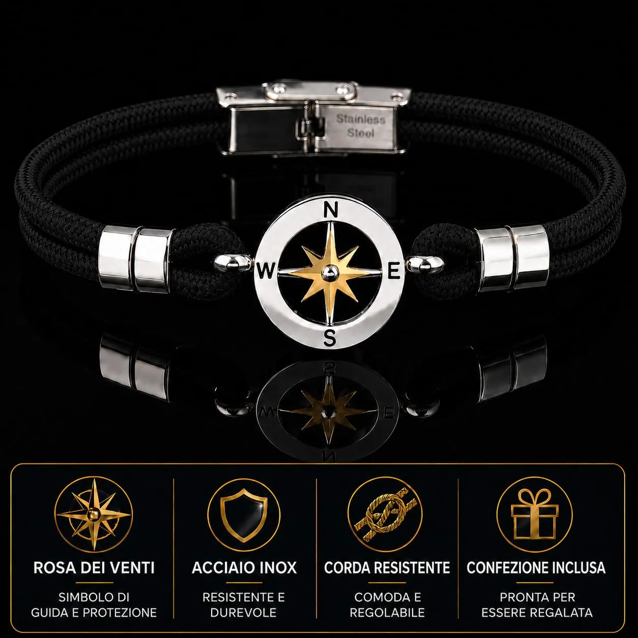 SAGA GIOIELLI Bracciale Uomo Rosa dei Venti Moda Nautica in Acciaio Nero - immagine 3