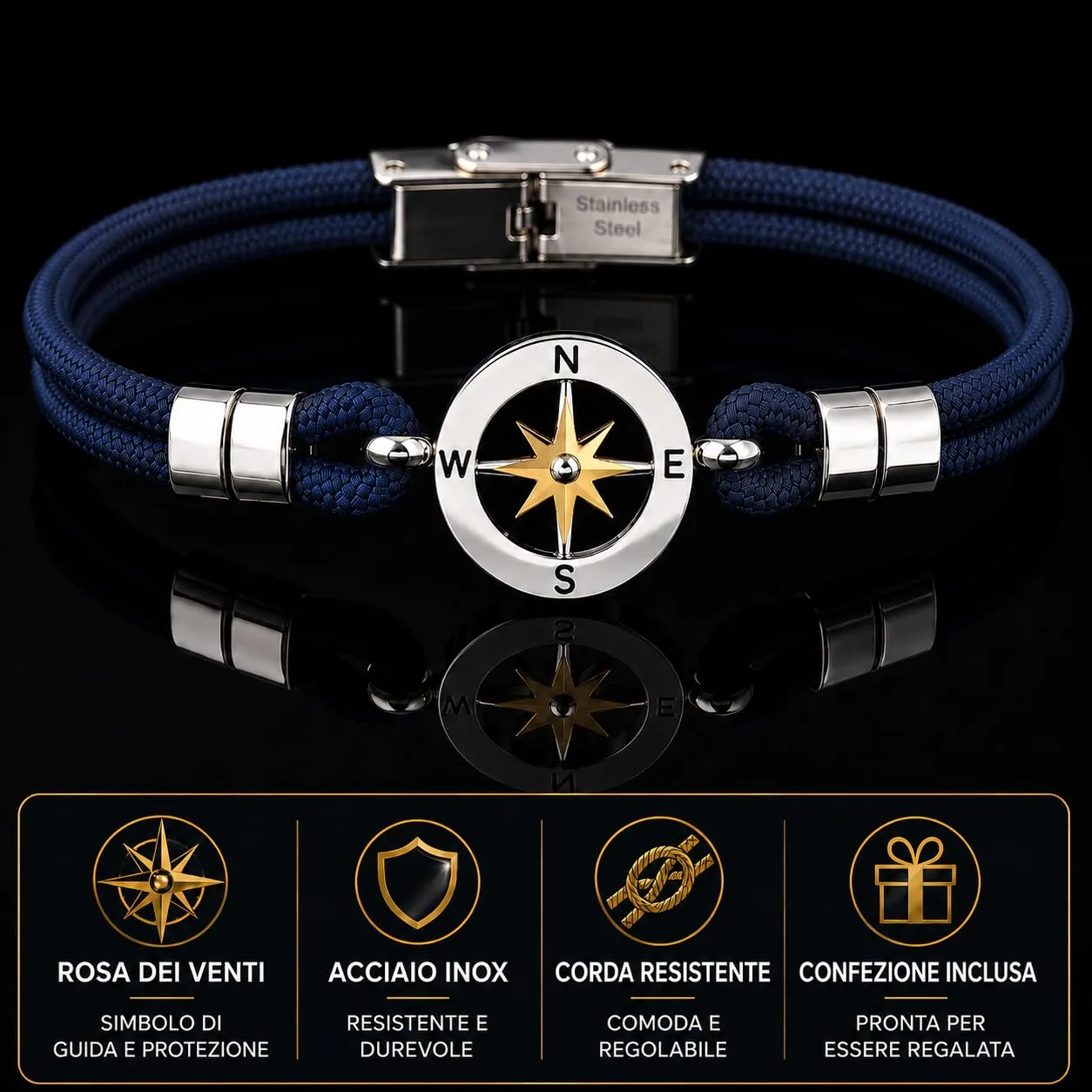 SAGA GIOIELLI Bracciale Uomo Rosa dei Venti Moda Nautica Acciaio Blu - immagine 3