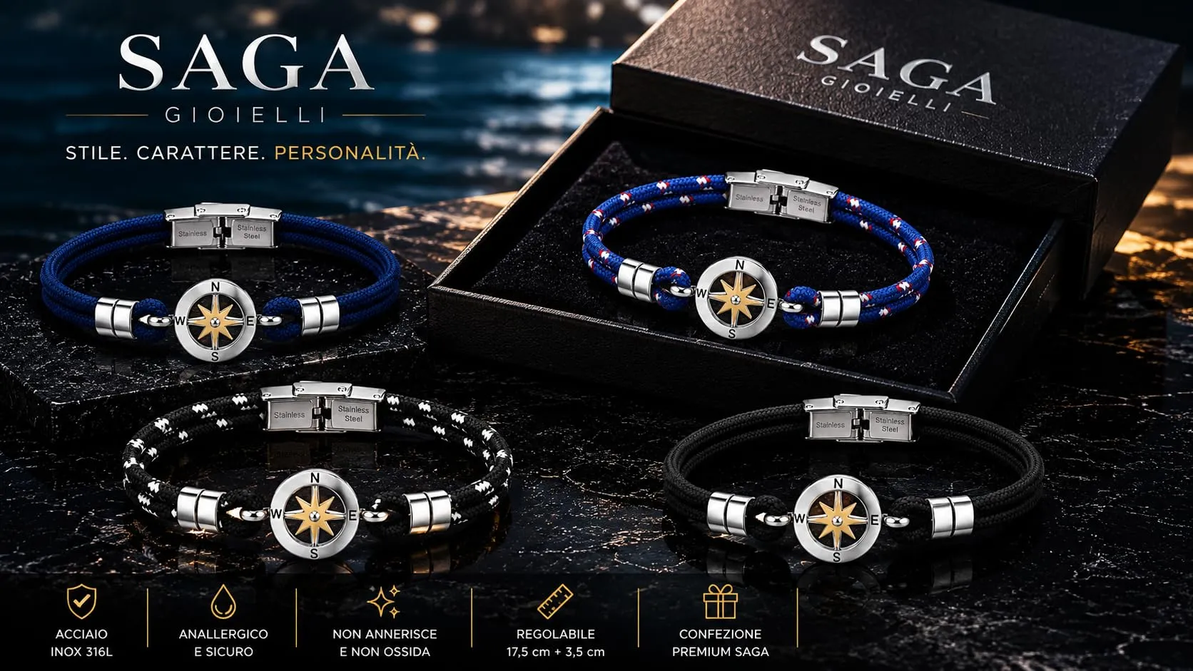 SAGA GIOIELLI Bracciale Uomo Rosa dei Venti Moda Nautica Acciaio Blu - immagine 5