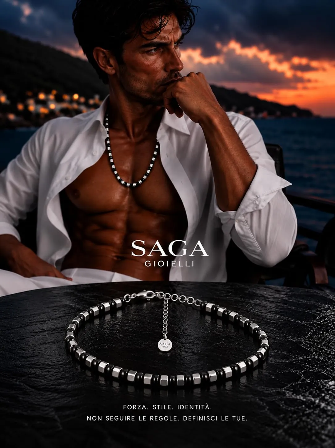 SAGA GIOIELLI Collana Bracciale Uomo in Acciaio Inossidabile Regolabile Nero-Argento - immagine 2