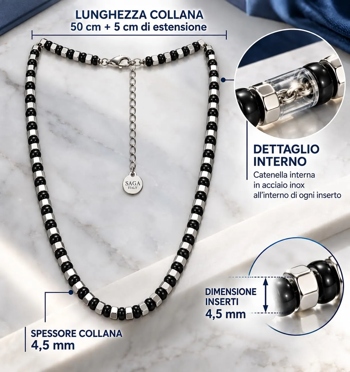 SAGA GIOIELLI Collana Bracciale Uomo in Acciaio Inossidabile Regolabile Nero-Argento - immagine 3
