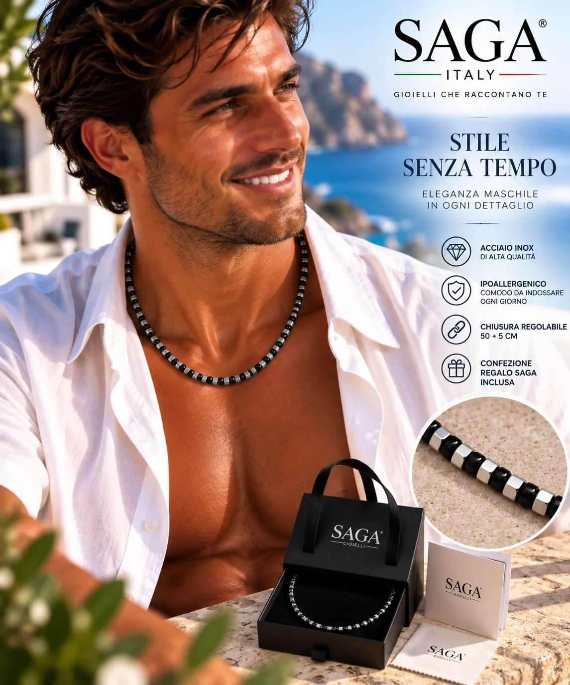 SAGA GIOIELLI Collana Bracciale Uomo in Acciaio Inossidabile Regolabile Nero-Argento - immagine 4