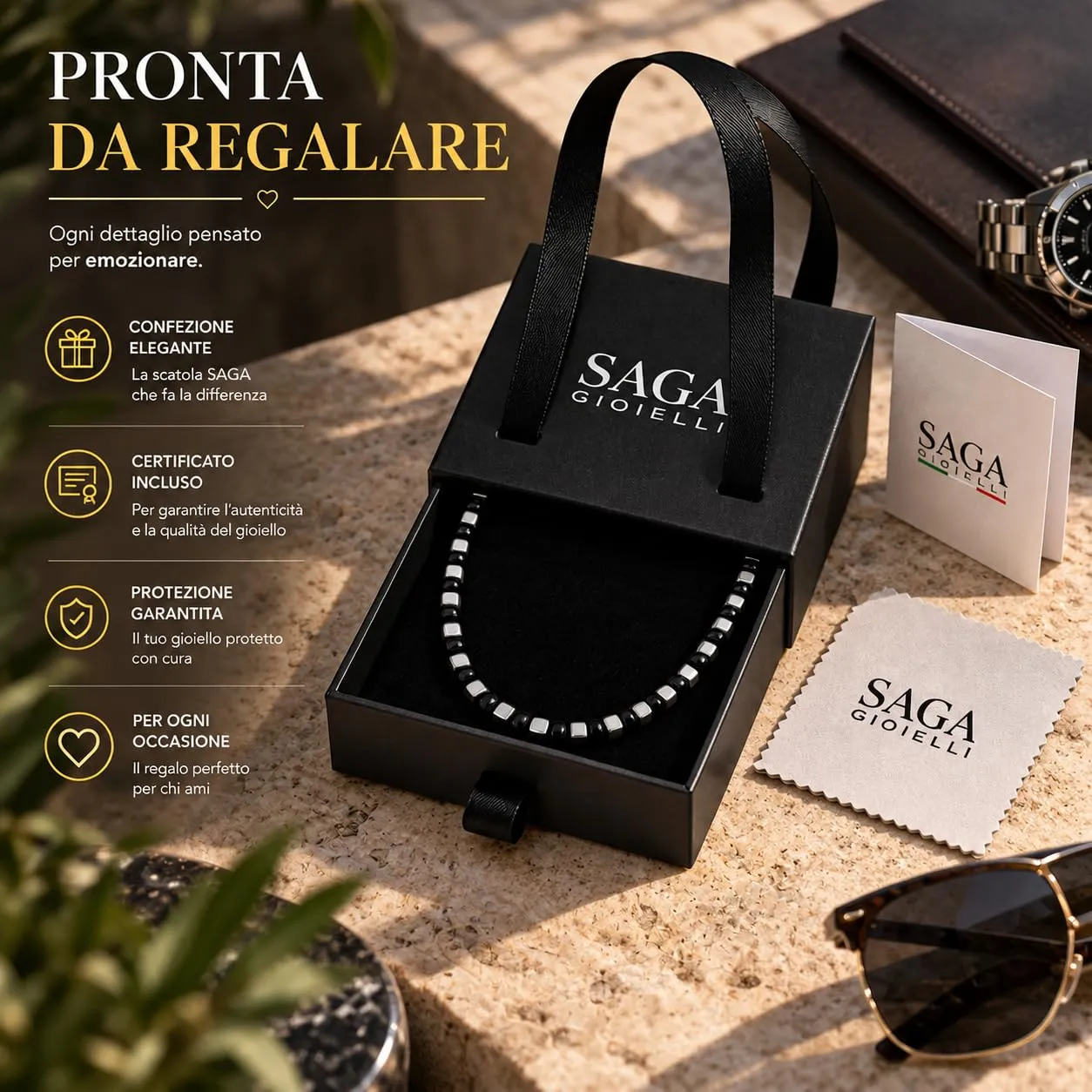 SAGA GIOIELLI Collana Bracciale Uomo in Acciaio Inossidabile Regolabile Nero-Argento - immagine 5
