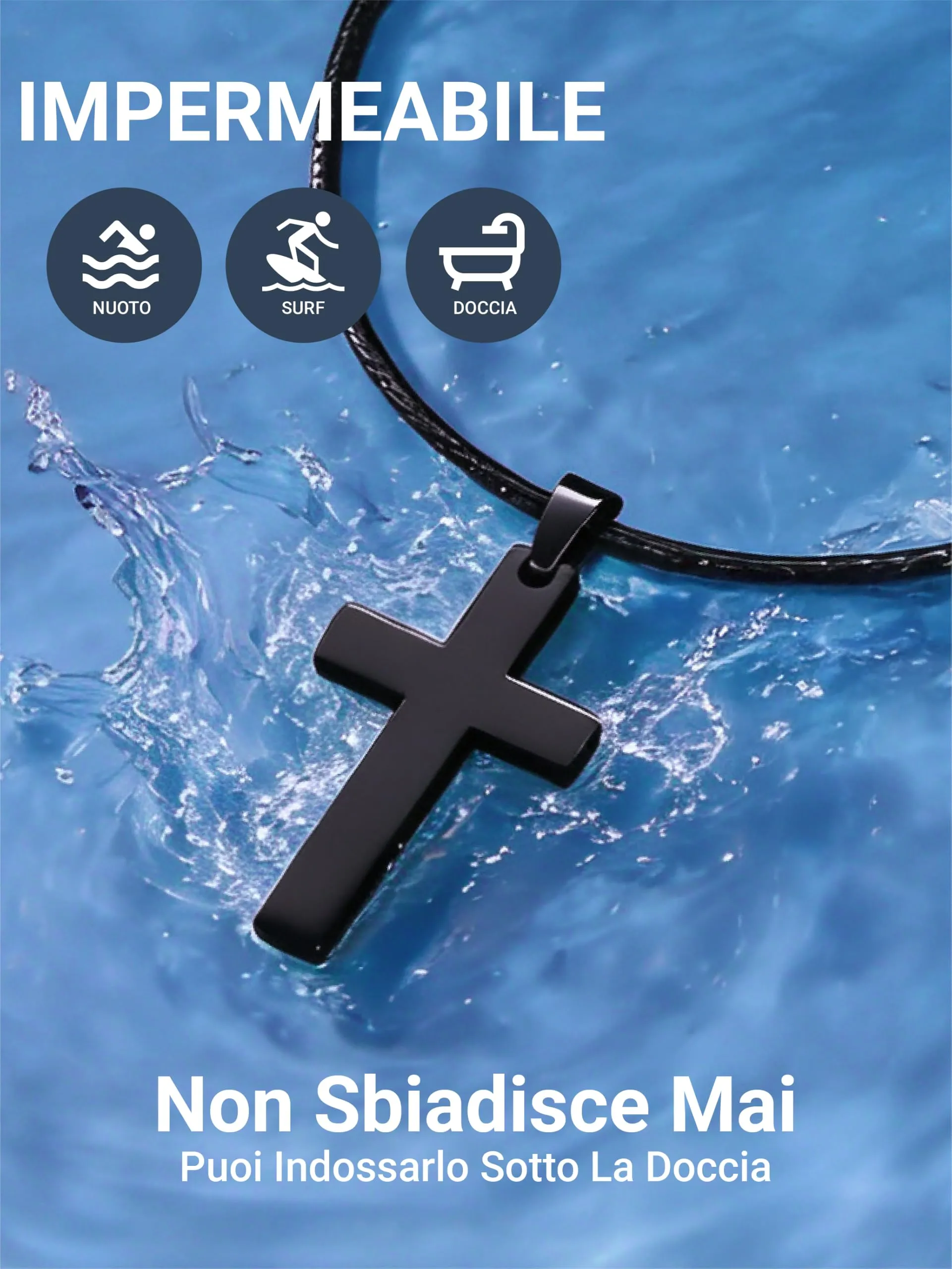PROSTEEL Collana Croce in Cuoio e Acciaio Inossidabile, Nero, 66cm - immagine 5