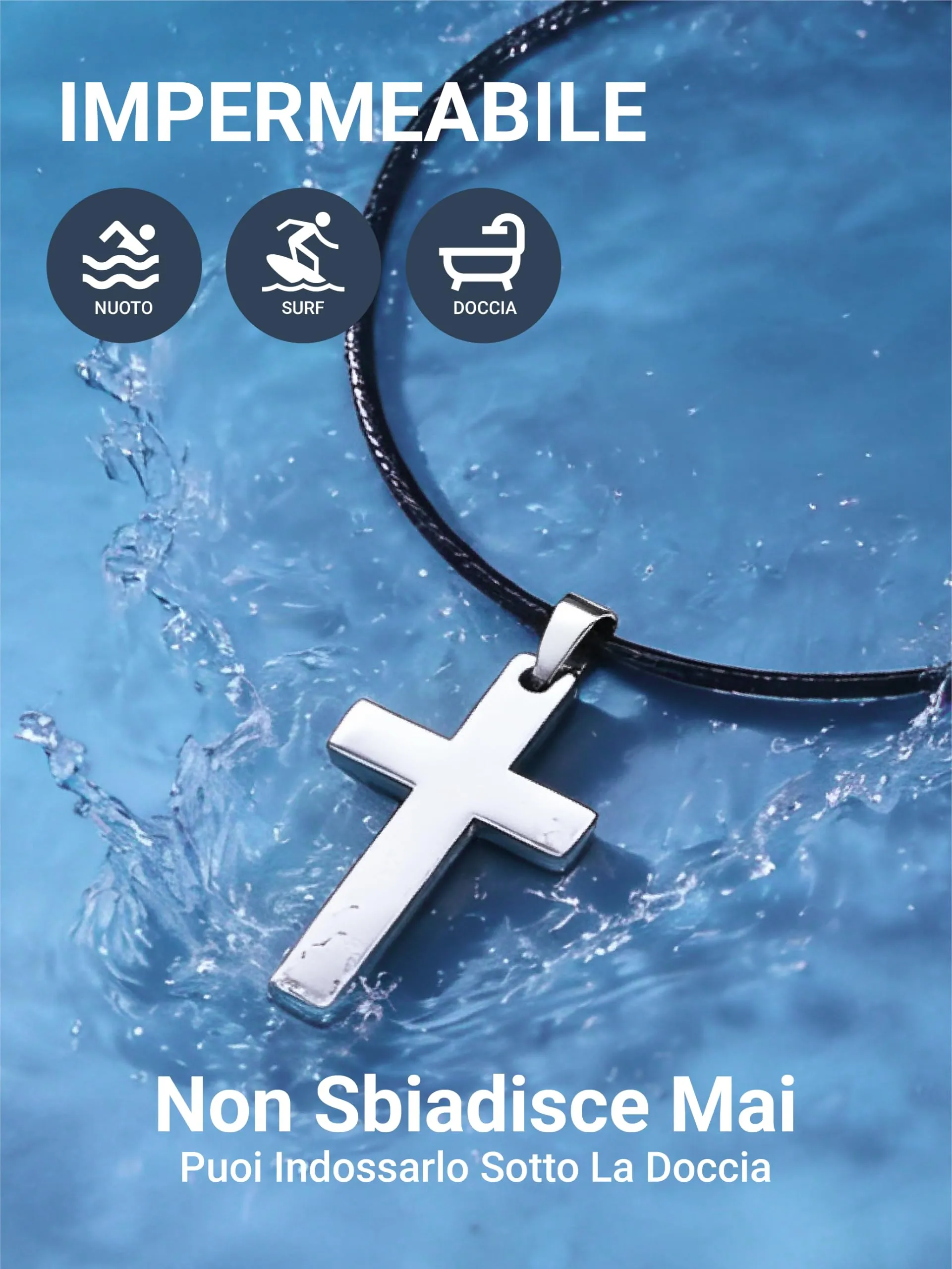 PROSTEEL Collana con Ciondolo Croce in Cuoio e Acciaio Inossidabile, Argento, 66cm - immagine 3