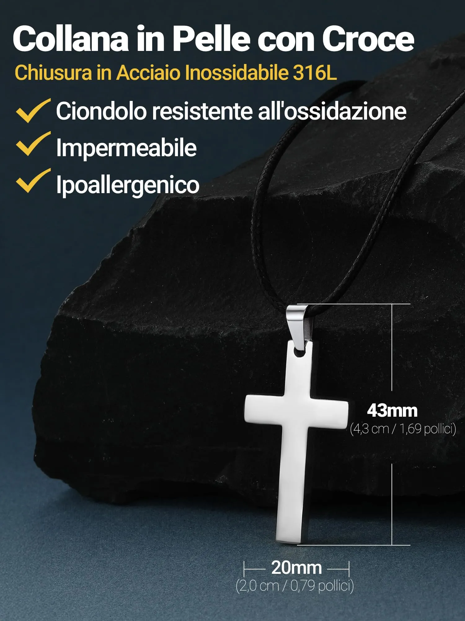 PROSTEEL Collana con Ciondolo Croce in Cuoio e Acciaio Inossidabile, Argento, 66cm - immagine 7