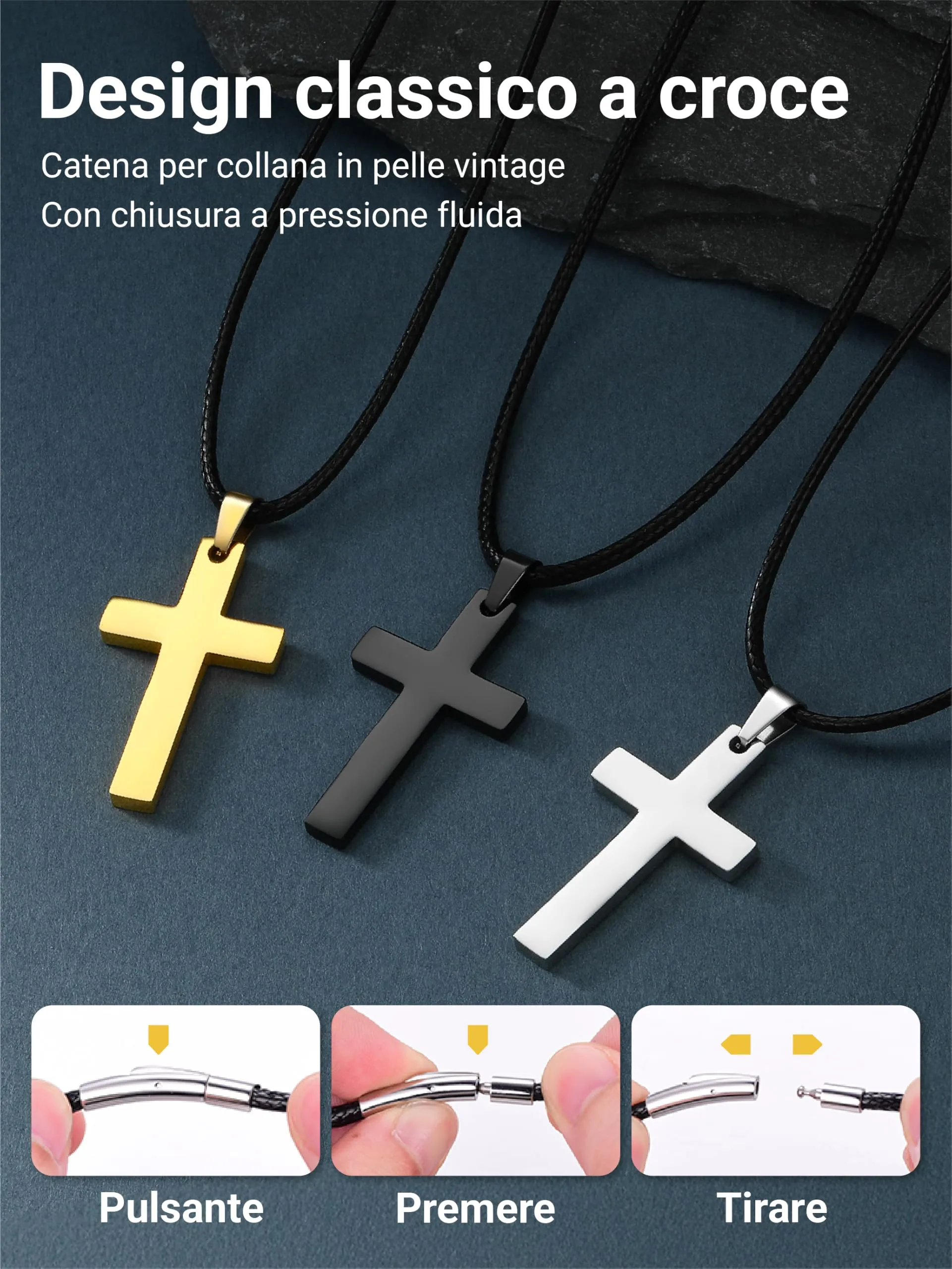 PROSTEEL Collana Croce in Acciaio Inossidabile con Catena di Cuoio, Argento, 56cm - immagine 6
