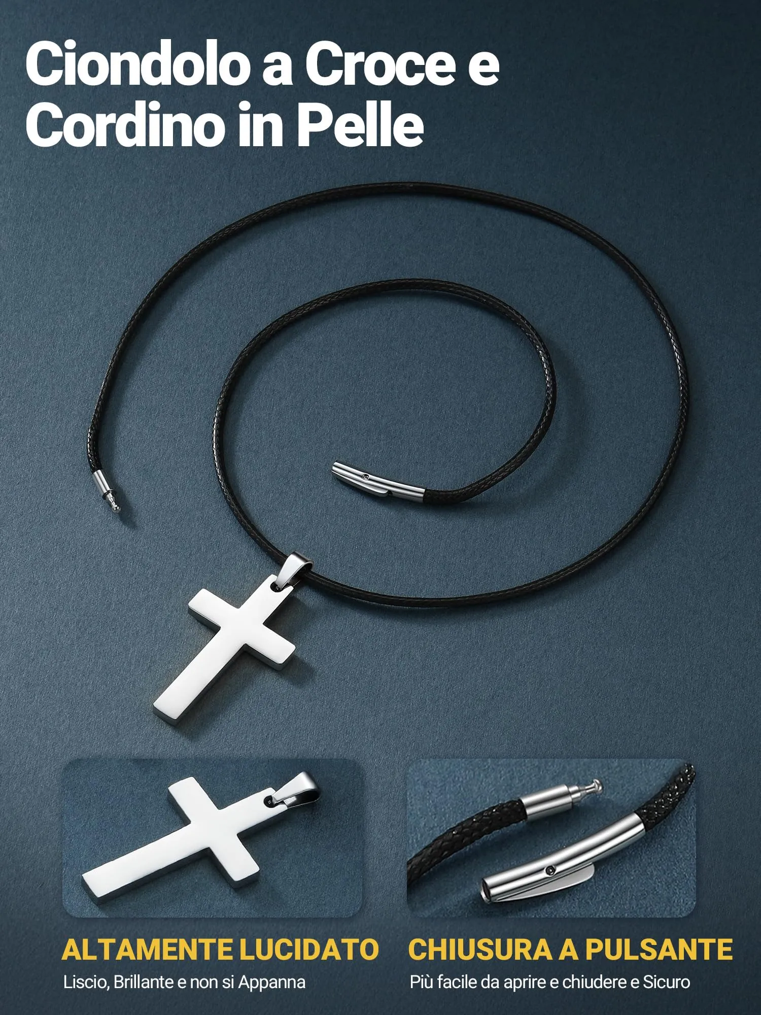 PROSTEEL Collana Croce in Acciaio Inossidabile con Catena di Cuoio, Argento, 56cm - immagine 8