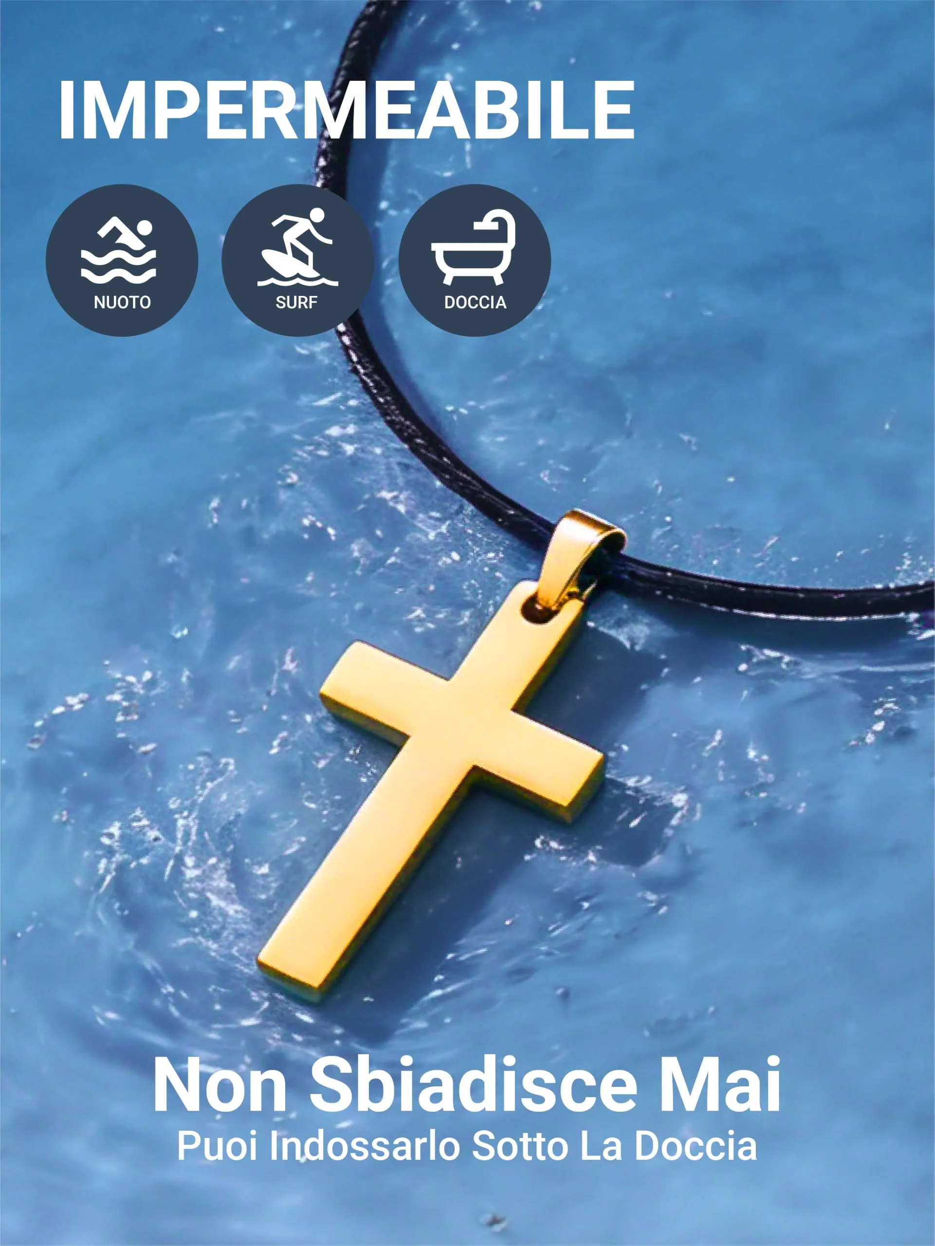 PROSTEEL Collana Croce con Catena di Cuoio, Acciaio Inossidabile, 61cm, Oro - immagine 3