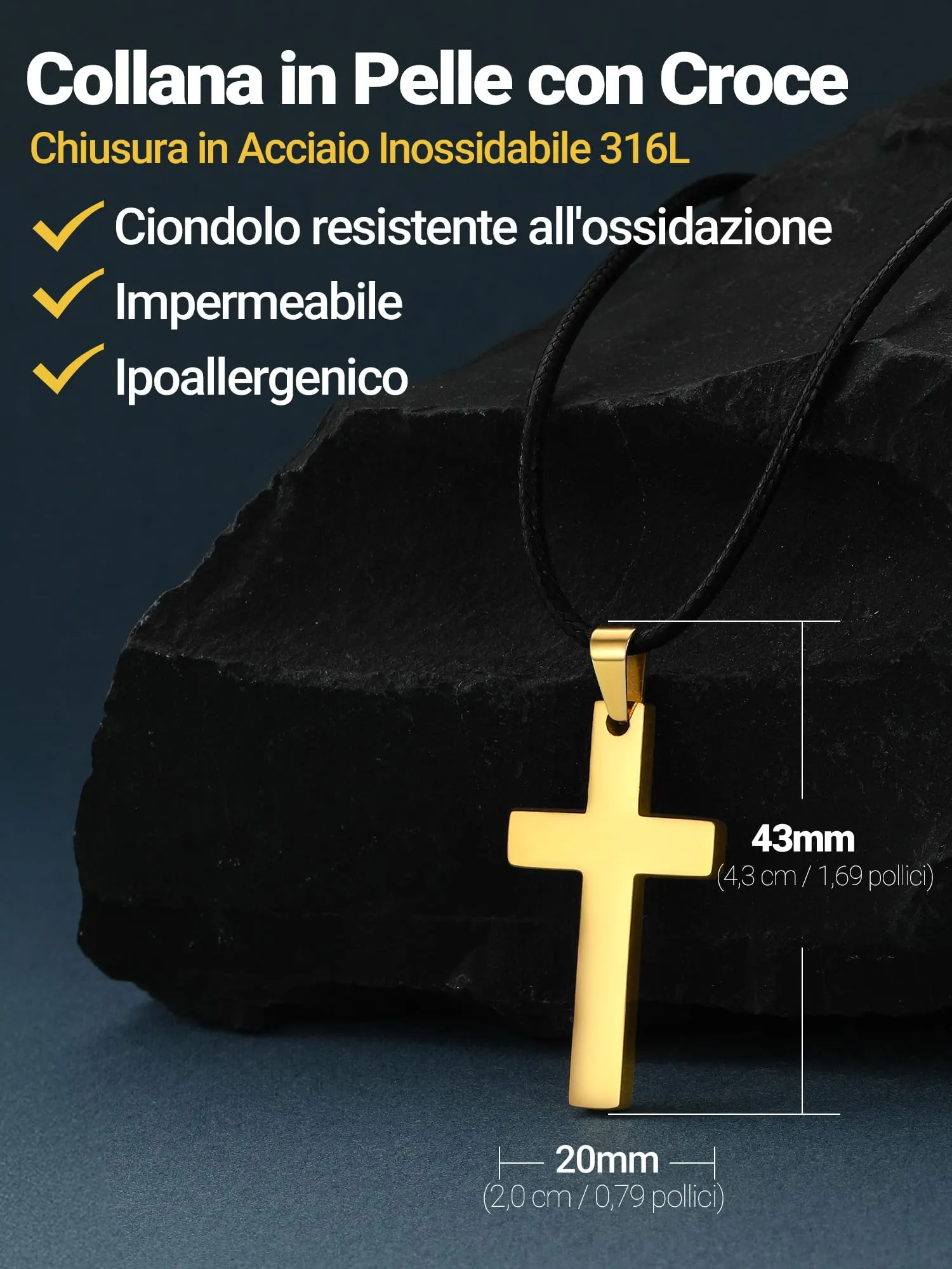 PROSTEEL Collana Croce con Catena di Cuoio, Acciaio Inossidabile, 61cm, Oro - immagine 8