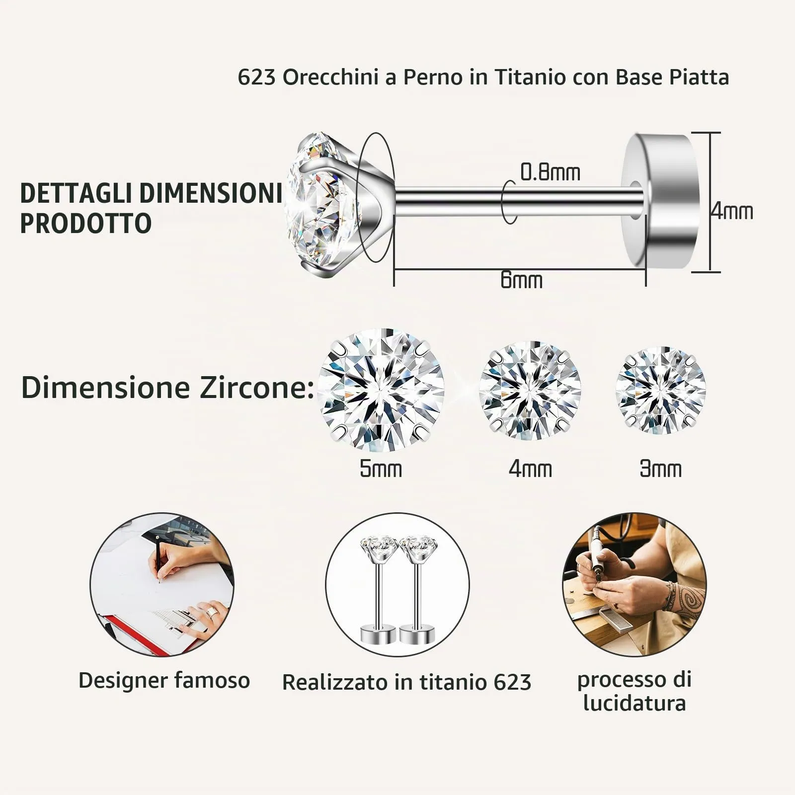 Artskin Orecchini a perno in titanio con zirconi CZ, ipoallergenici, argento, set 3-5 mm - immagine 2