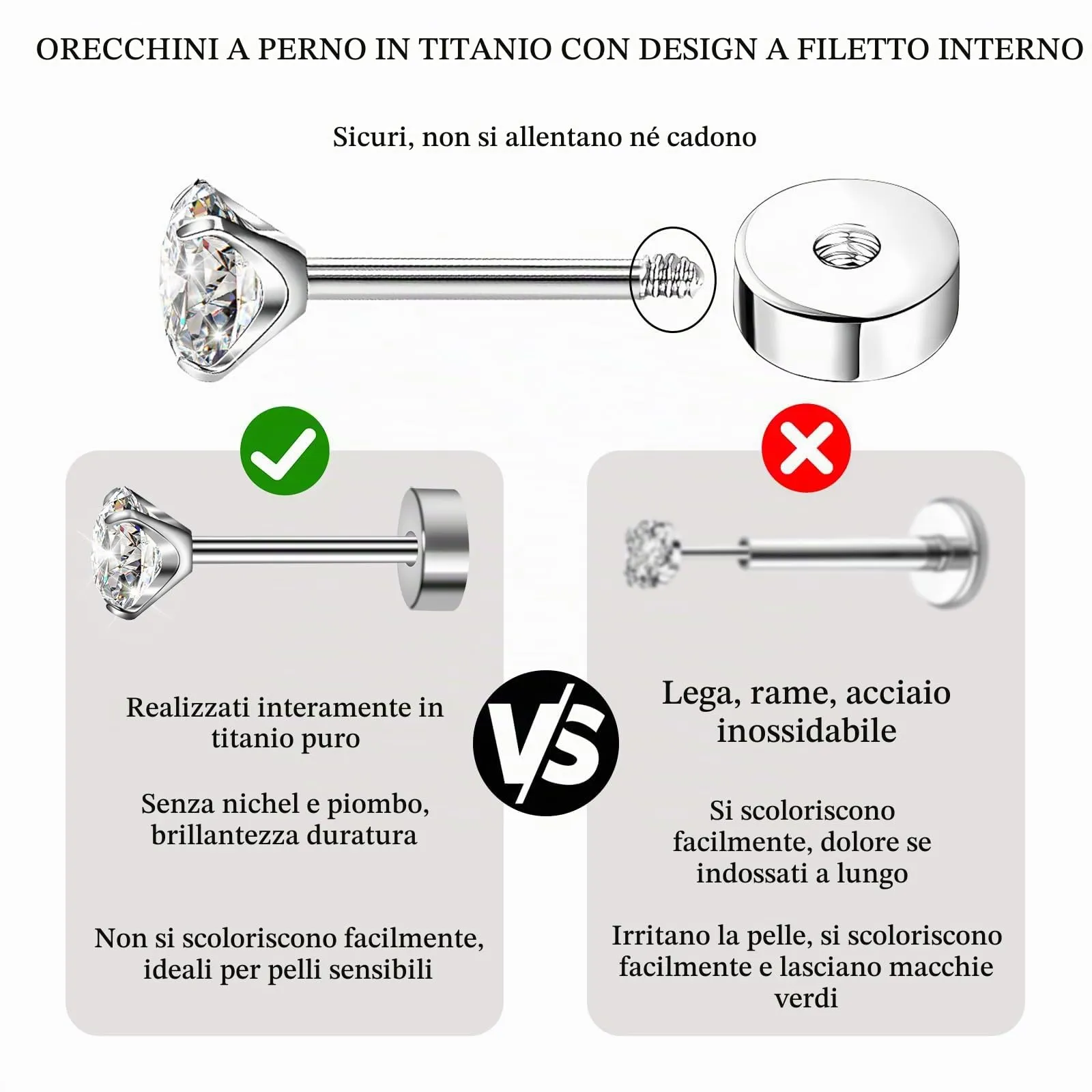 Artskin Orecchini a perno in titanio con zirconi CZ, ipoallergenici, argento, set 3-5 mm - immagine 3