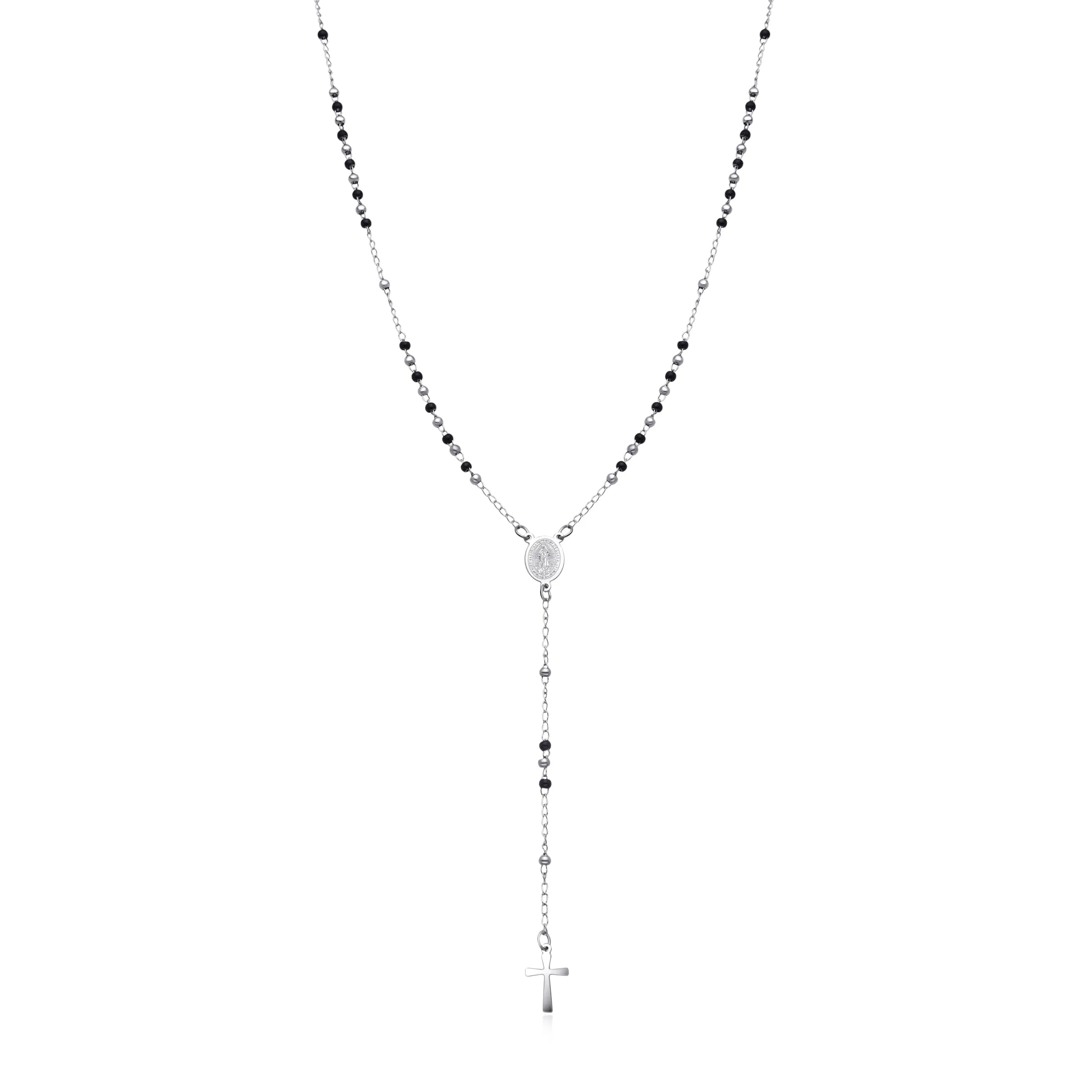 Dada Gioielli Collana Rosario Uomo Donna Sfere Acciaio Argentato e Nero con Medaglietta Madonna Miracolosa e Croce - immagine 2