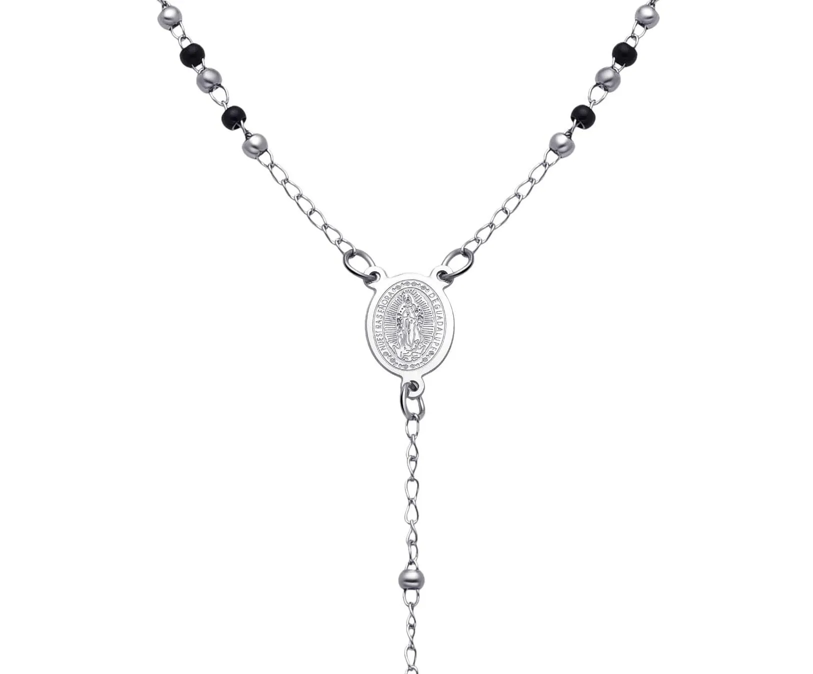 Dada Gioielli Collana Rosario Uomo Donna Sfere Acciaio Argentato e Nero con Medaglietta Madonna Miracolosa e Croce - immagine 4