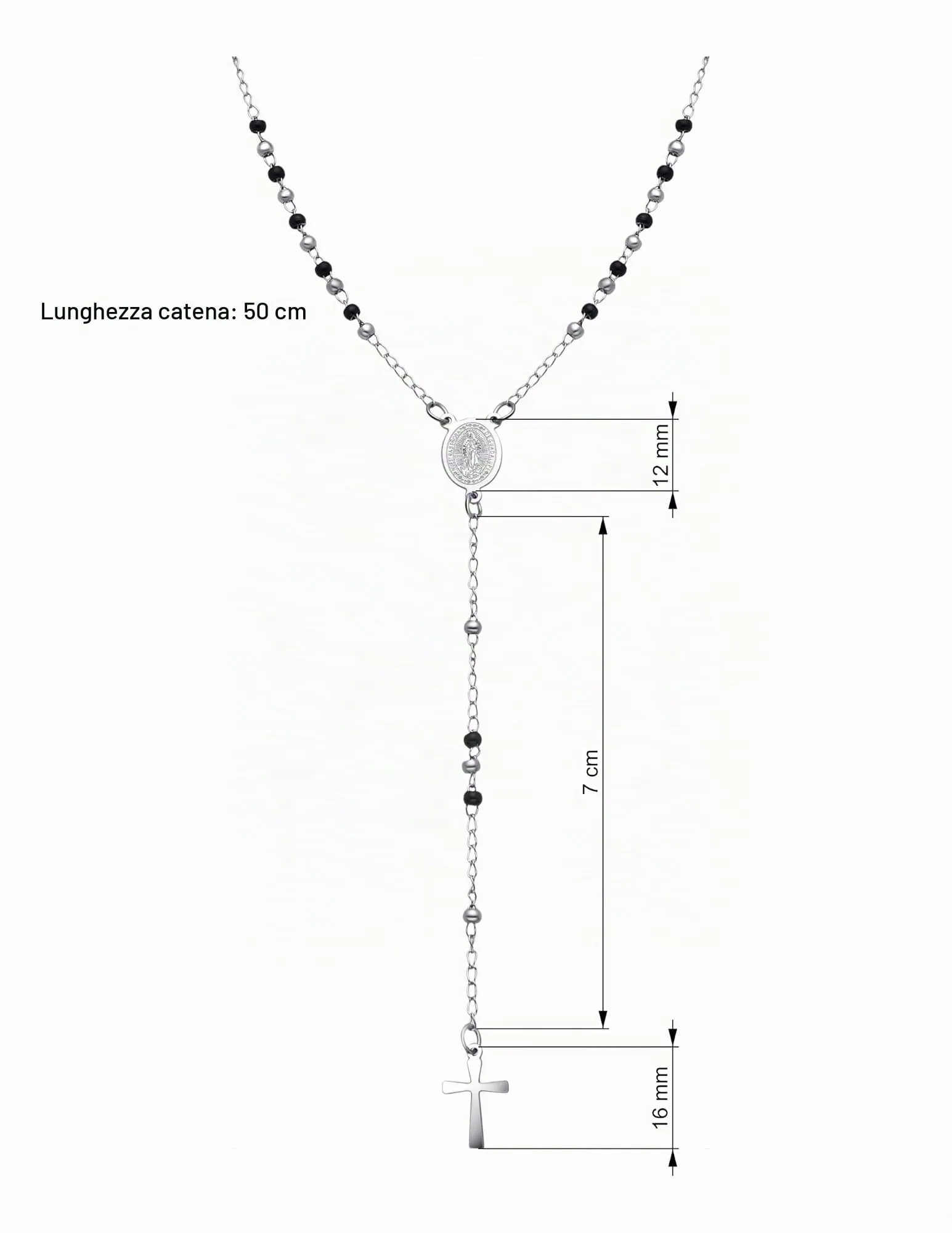 Dada Gioielli Collana Rosario Uomo Donna Sfere Acciaio Argentato e Nero con Medaglietta Madonna Miracolosa e Croce - immagine 6