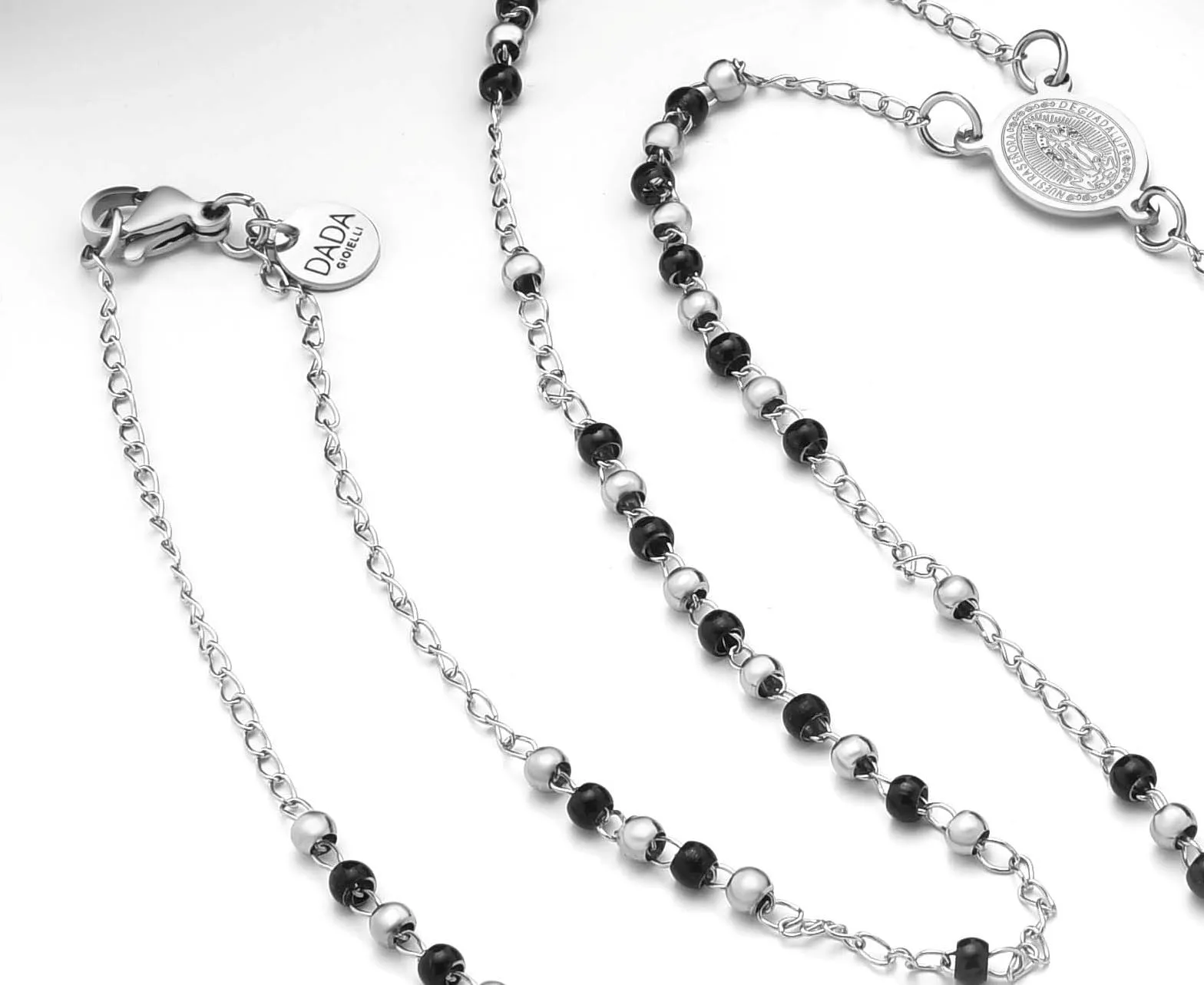 Dada Gioielli Collana Rosario Uomo Donna Sfere Acciaio Argentato e Nero con Medaglietta Madonna Miracolosa e Croce - immagine 7
