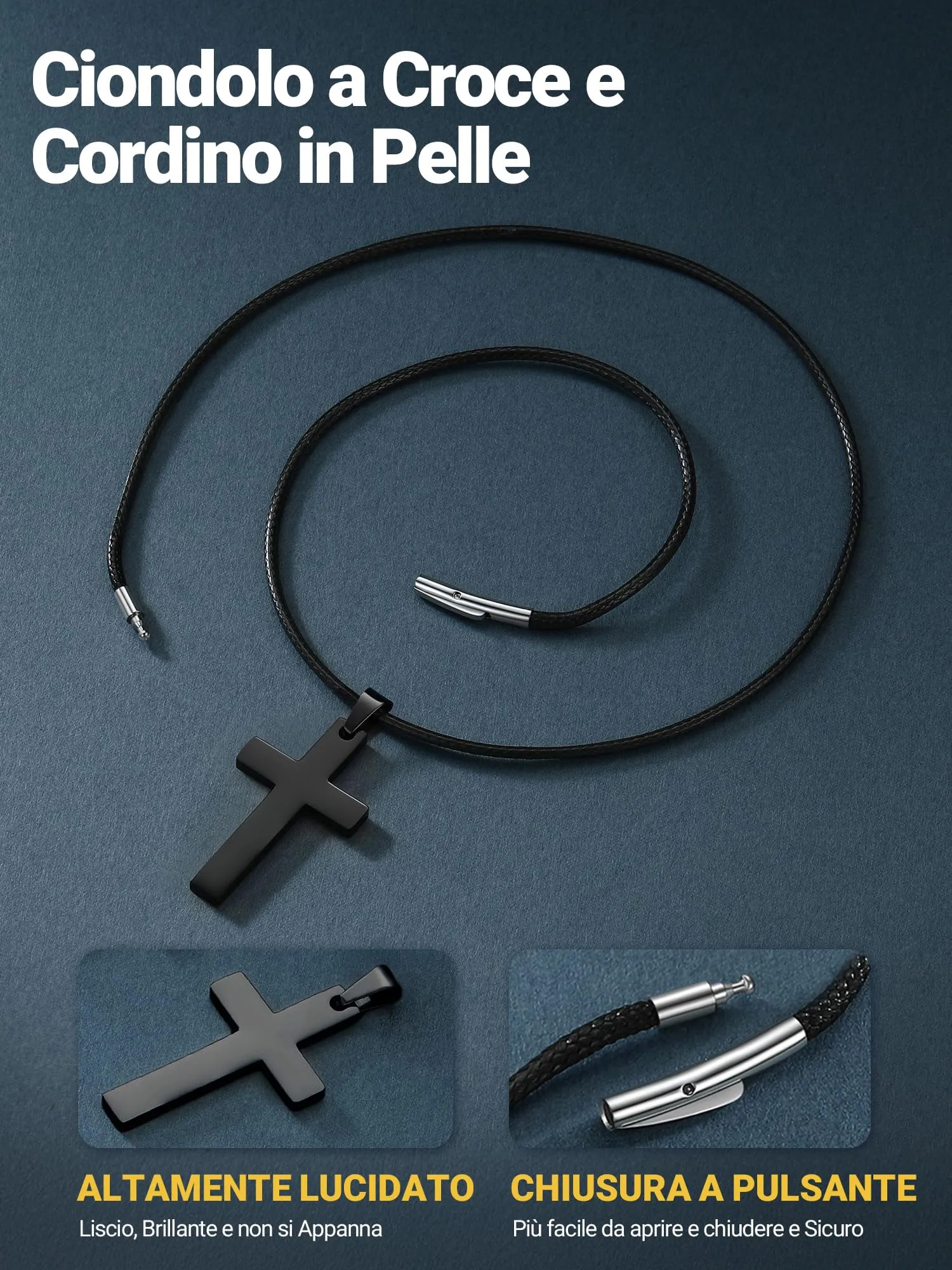 PROSTEEL Collana Croce in Cuoio e Acciaio Inossidabile, Nero, 51cm - immagine 4