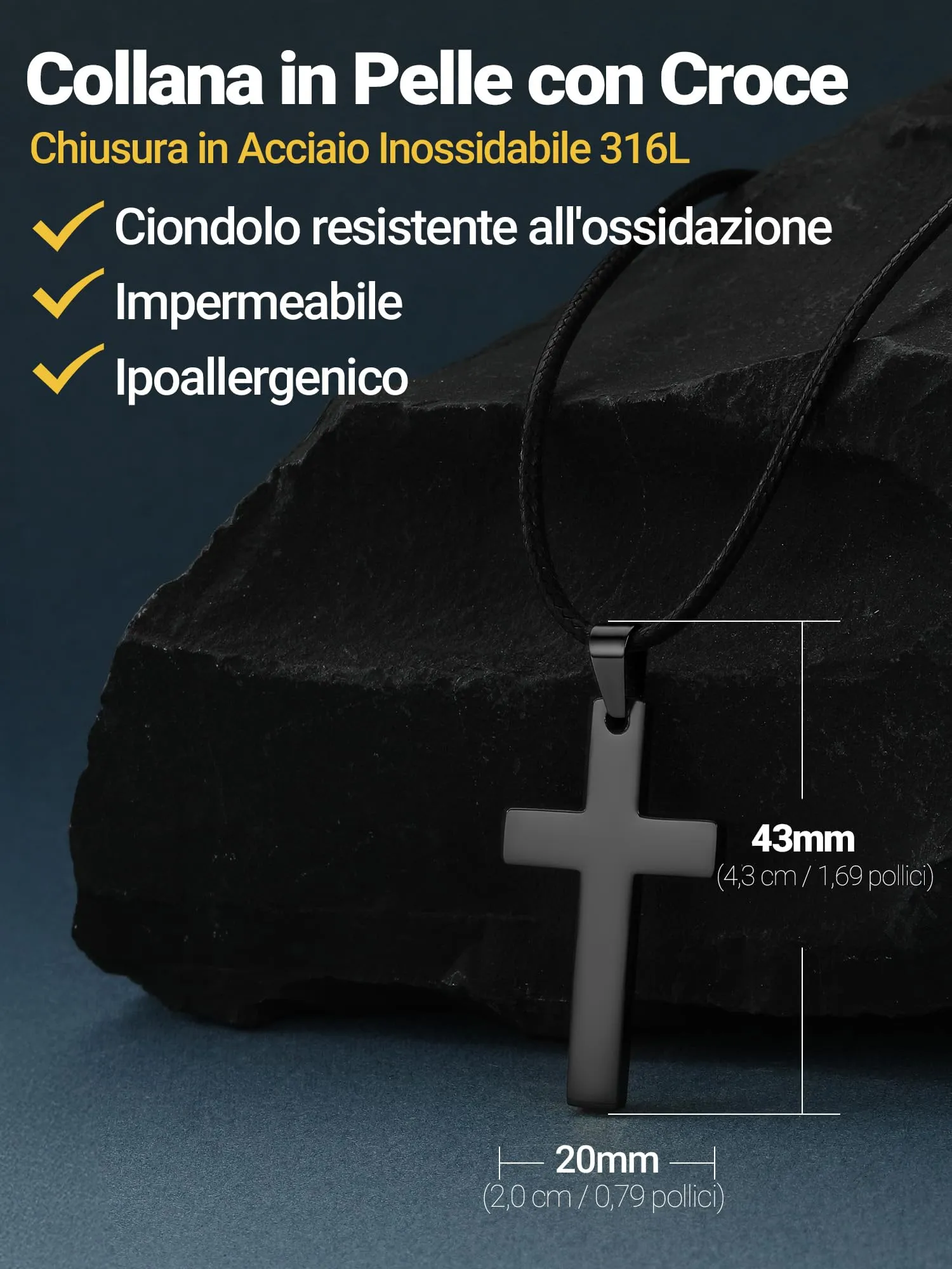 PROSTEEL Collana Croce in Cuoio e Acciaio Inossidabile, Nero, 51cm - immagine 6