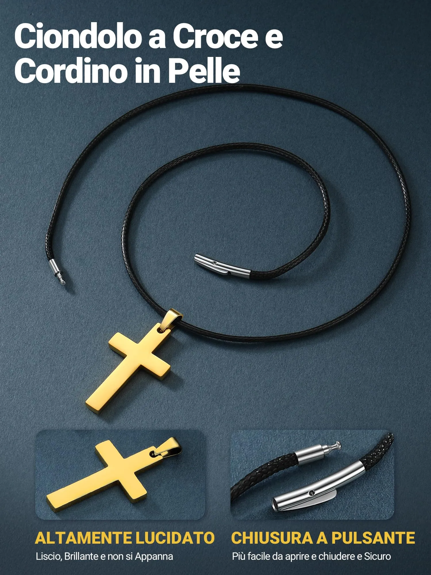 PROSTEEL Collana Croce in Cuoio e Acciaio Inossidabile Oro, 45cm - immagine 5