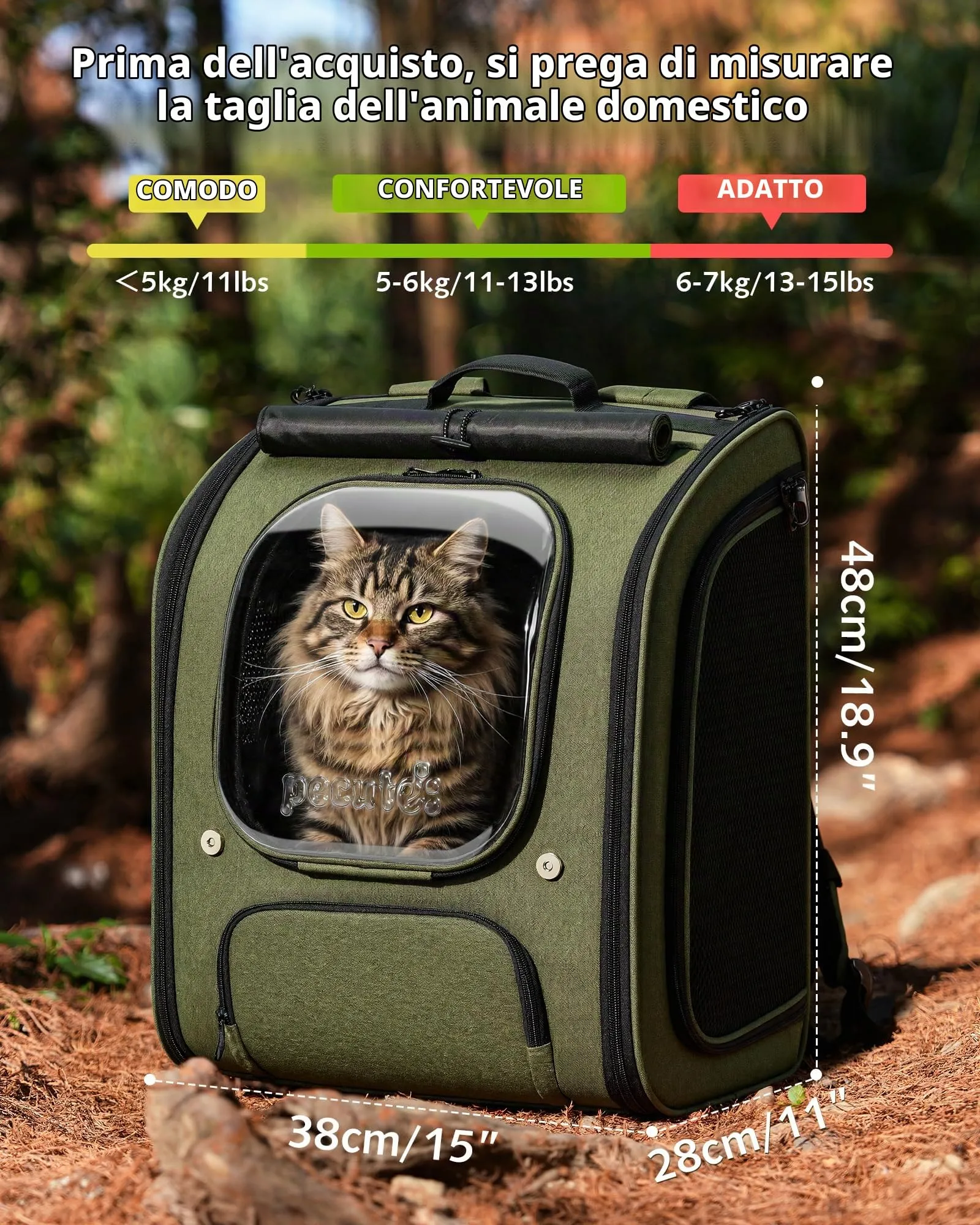 Pecute Zaino a Bolla per Gatti XXL, Verde Oliva - immagine 2