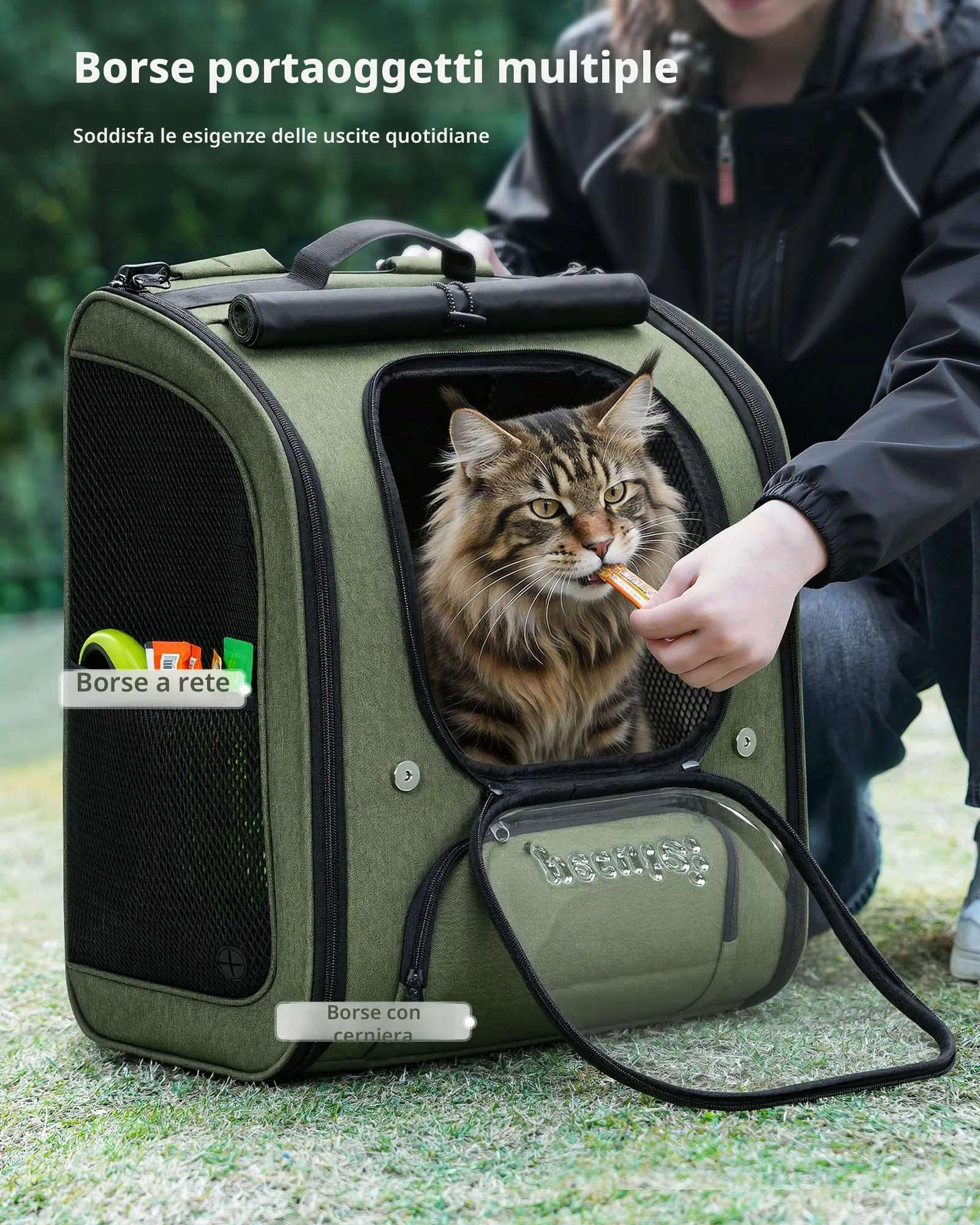 Pecute Zaino a Bolla per Gatti XXL, Verde Oliva - immagine 7