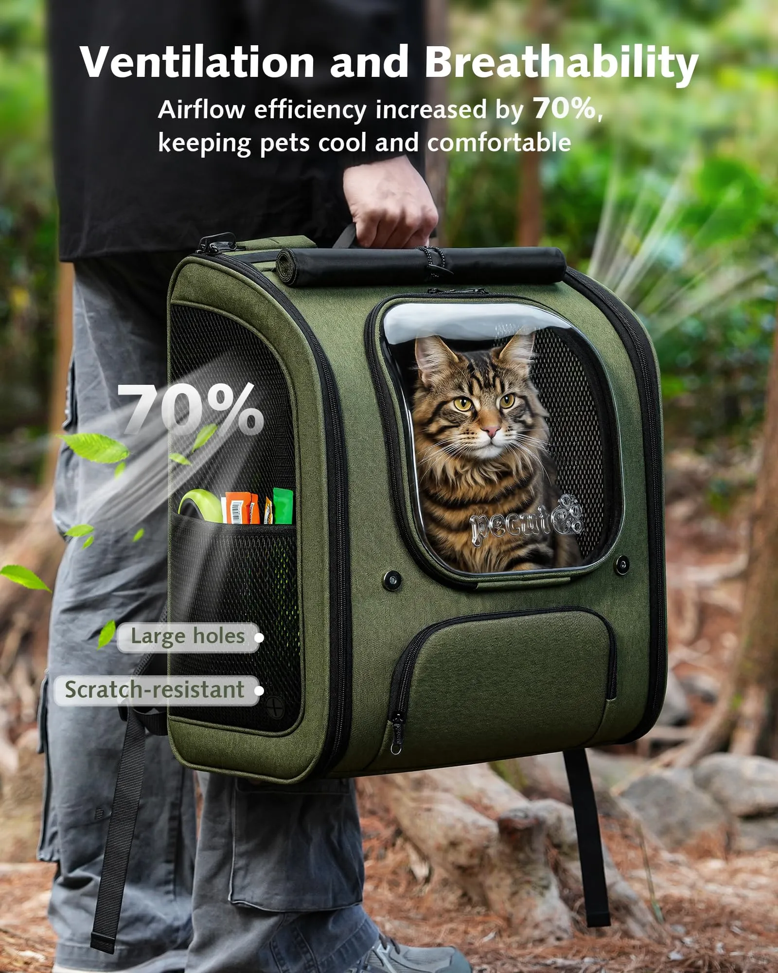 Pecute Zaino a Bolla per Gatti XXL, Verde Oliva - immagine 9