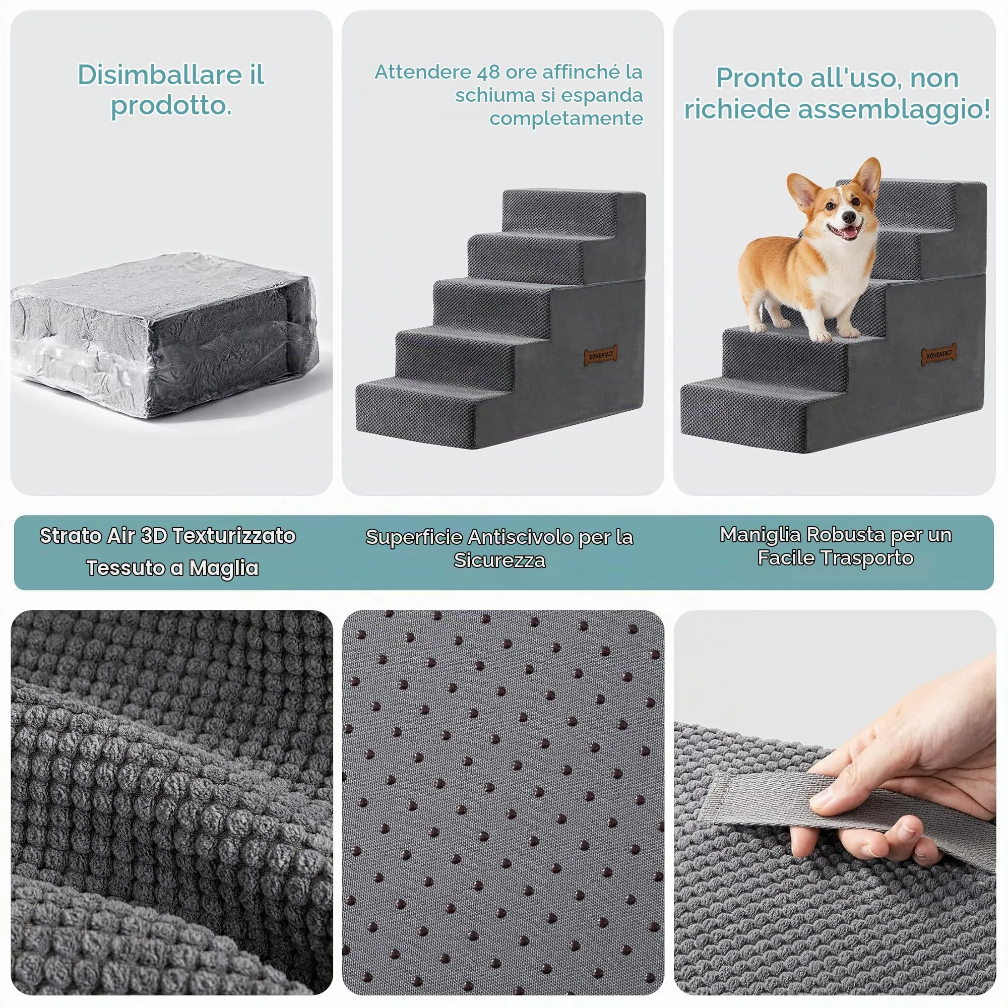 Kohentact Scaletta e Rampa per Cani Piccoli e Medi, 33-61 cm, Schiuma 40D, Antiscivolo, Rivestimento Lavabile, Grigio - immagine 2