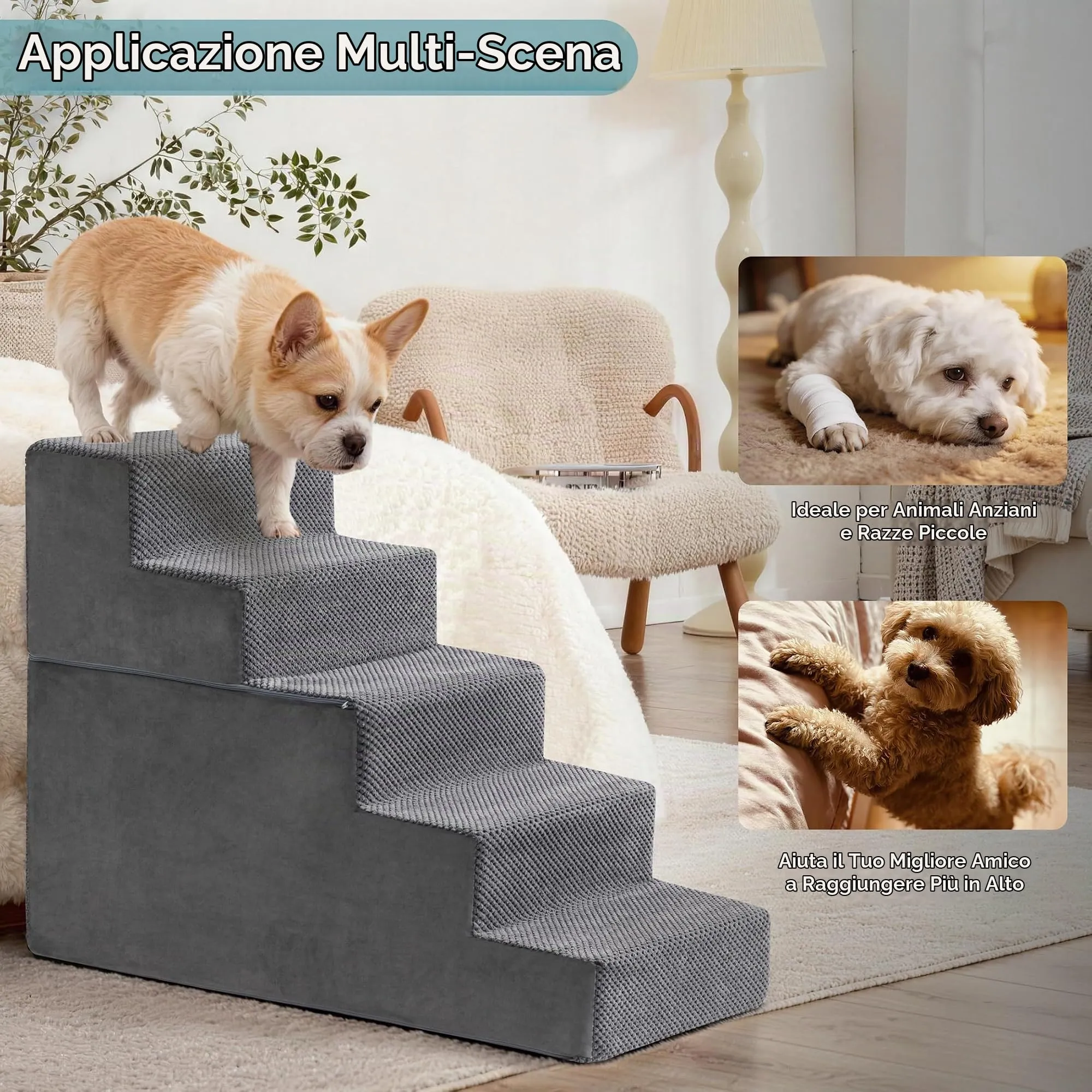 Kohentact Scaletta e Rampa per Cani Piccoli e Medi, 33-61 cm, Schiuma 40D, Antiscivolo, Rivestimento Lavabile, Grigio - immagine 4