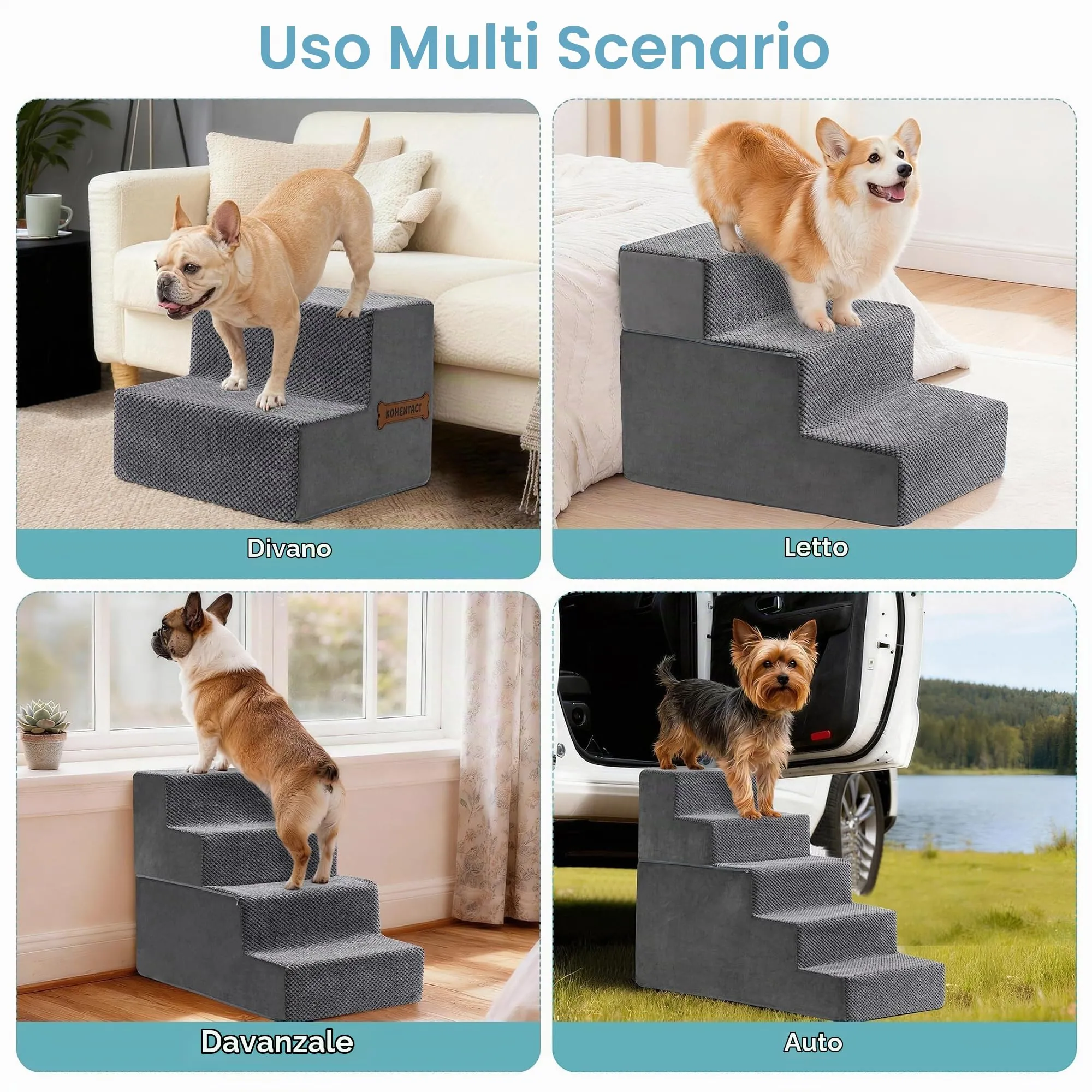 Kohentact Scaletta e Rampa per Cani Piccoli e Medi, 33-61 cm, Schiuma 40D, Antiscivolo, Rivestimento Lavabile, Grigio - immagine 6